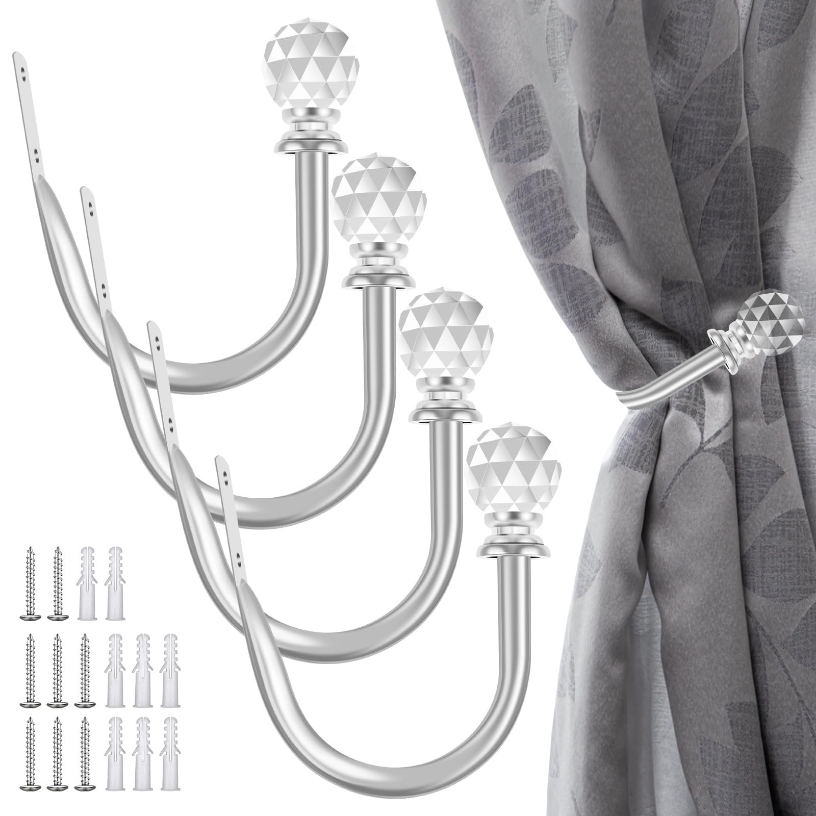 4 Pcs Metal Curtain Holdbacks with Acrylic Crystal Ball, Curtain Tieback Hooks, Wall Mounted Window Curtains Holder Hooks, Drapery Holdbacks for Fixed Curtains or Hanging Items(Silver)