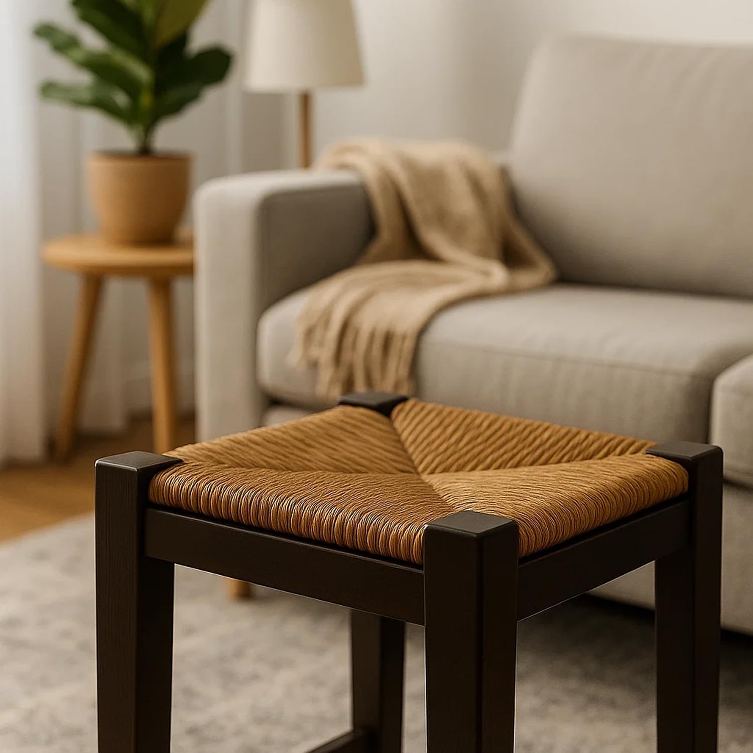 Spacio Taburete Rústico de Madera y Paja Növik – Estilo Nórdico Escandinavo – Banqueta Alta 70 cm y Baja 48,5 cm – Ideal para Cocina, Barra o Comedor | Fabricado en España (Nogal, BAJO)