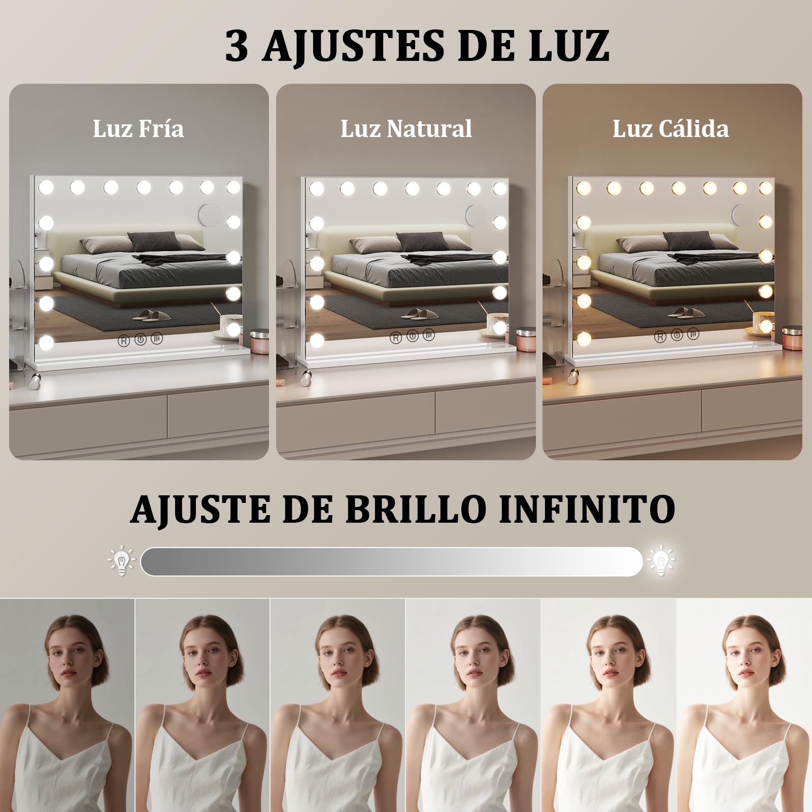 Espejo Maquillaje con Luz 58 x 46 cm, 15 LED, 3 Modos de Luz, Espejo de cortesía Hollywood, Accesorio de Aumento Incluido, Control Táctil, Función de Memoria, para Dormitorio
