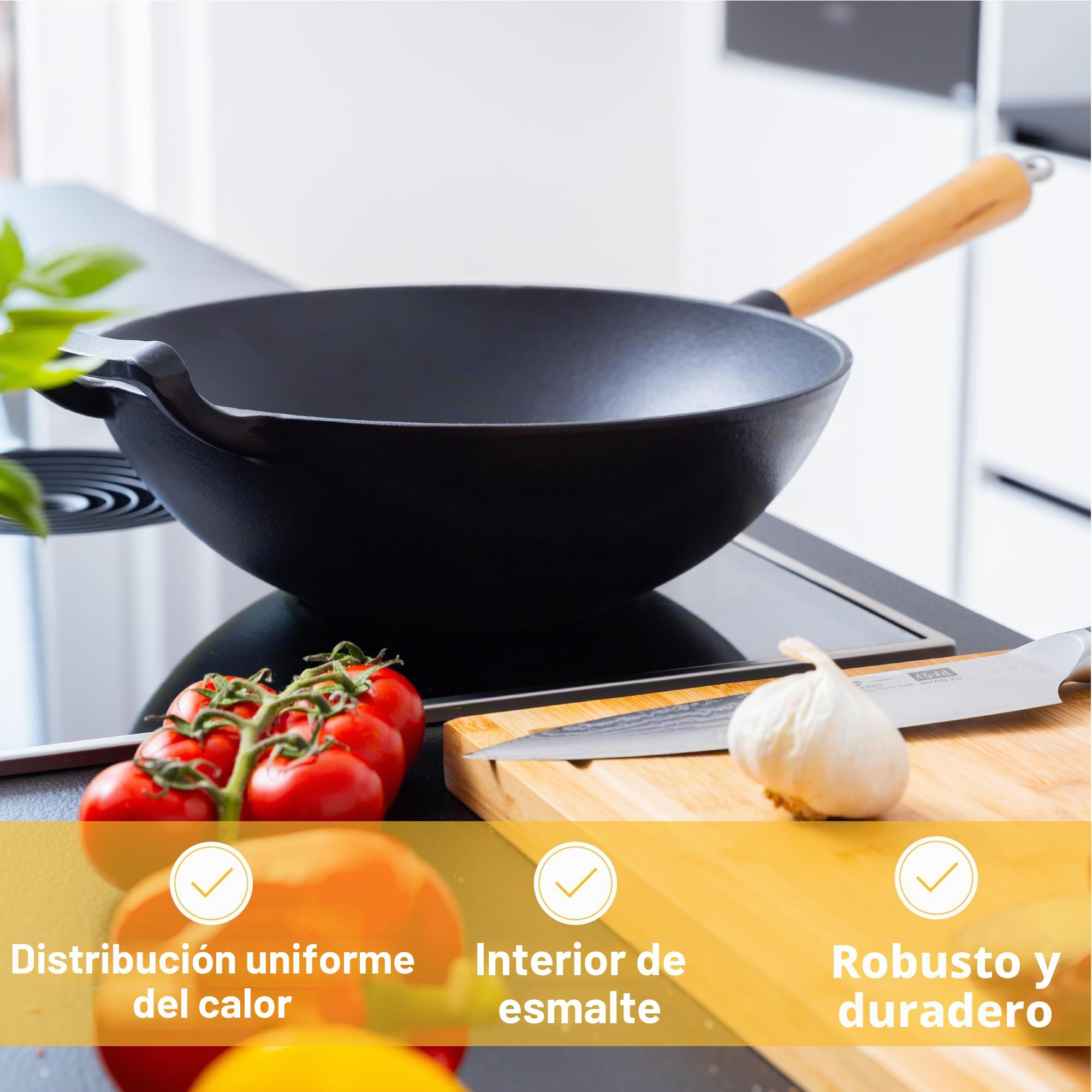 Wok de hierro fundido con revestimiento esmaltado, sartén antiadherente con mango de madera desmontable, utensilios de cocina, sartén de hierro fundido, wok antiadherente, 28 cm de diámetro