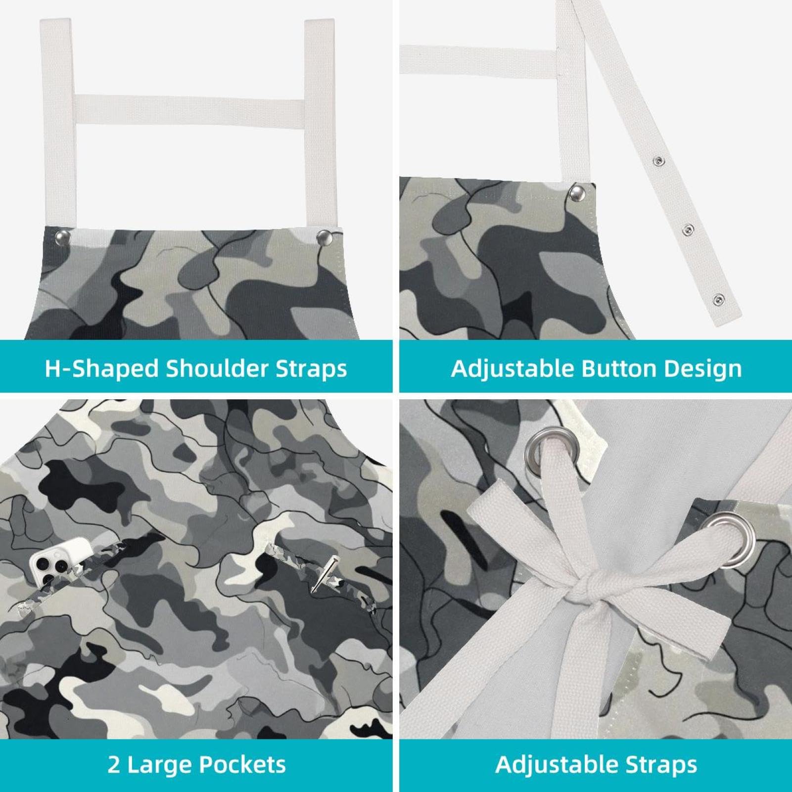 Lot de 2 tabliers de cuisine imperméables et réglables avec 2 poches pour homme et femme Motif peau de camouflage Gris, Imprimé camouflage gris, L:26.2x34.6in/66.5x88cm;M:26.2x26.6in/66.5x67.5cm
