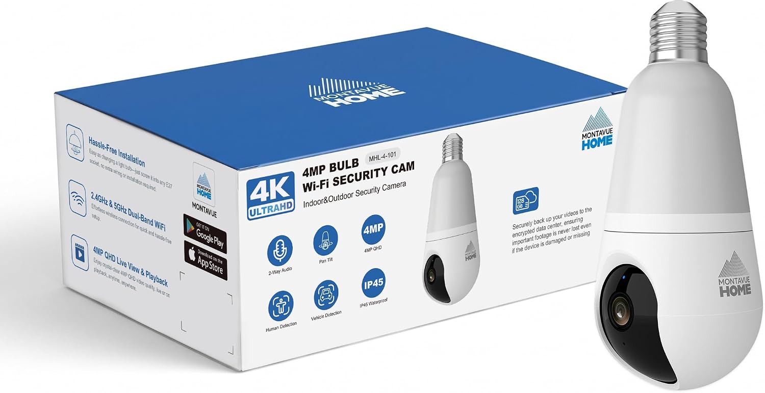 Montavue Light Bulb Security Camera, 4MP 2K, Human and Vehicle Detection, Indoor Outdoor, Wi-Fi, Two-Way Audio, Night Vision, Cloud Recording, MHL-4-101