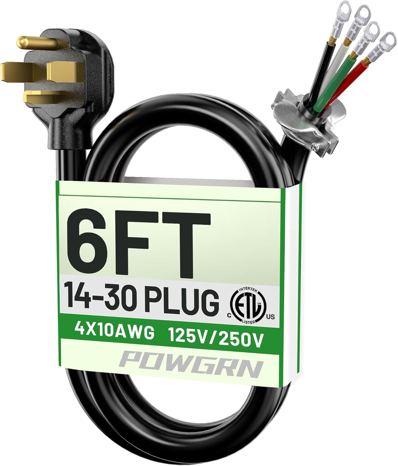 POWGRN 30 Amp 4 Prong Dryer Cord 6 FT Black, 10/4 Gauge Appliance Dryer Power Cord NEMA 14-30P to 4-Wire, Pure Copper Wire, ETL Listed 6ft Black