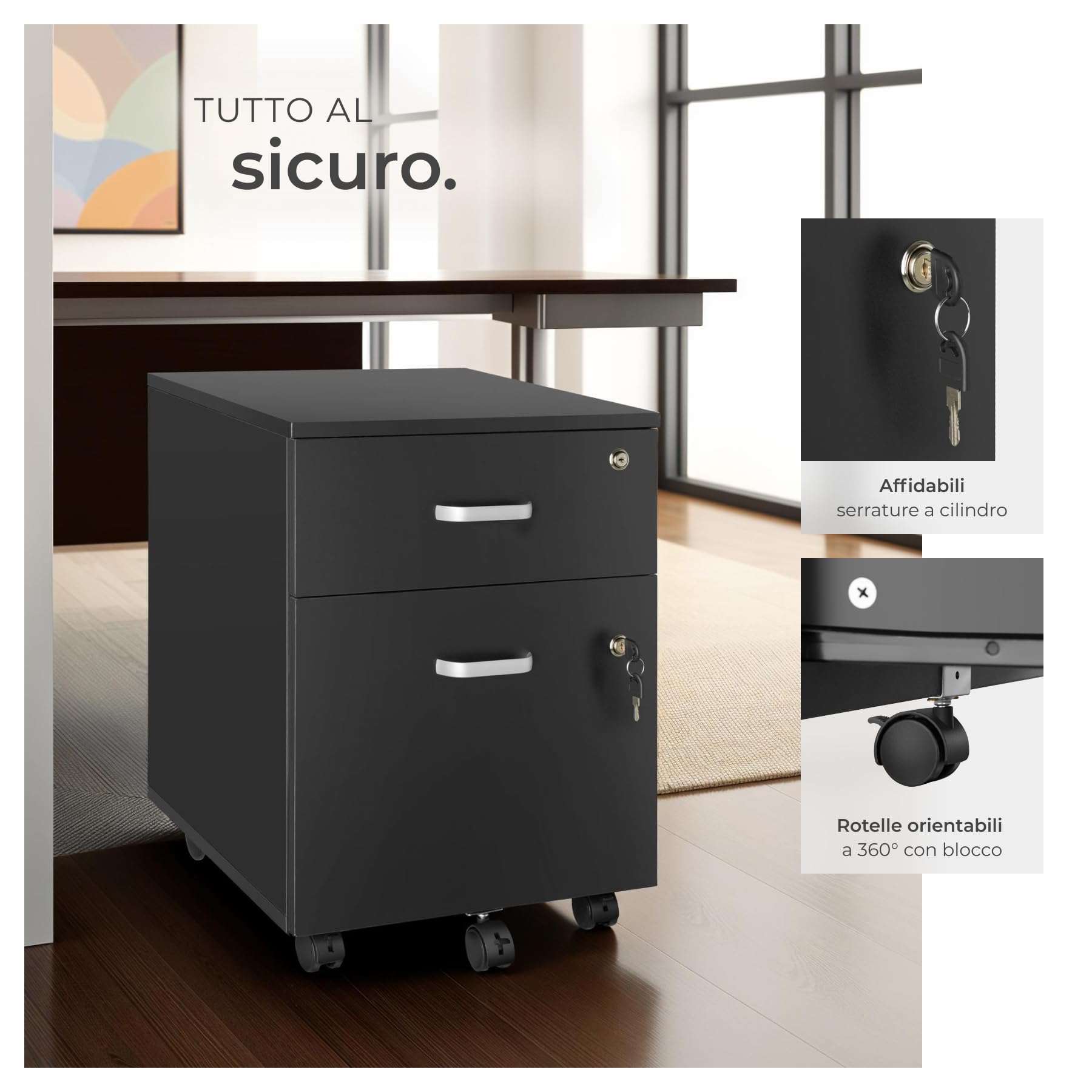 tectake® Cassettiera su Ruote, 2 Cassetti con Serratura per Documenti DIN-A4, Guide Telescopiche Scorrevoli, 5 Ruote Doppie Girevoli e Bloccabili, Maniglie in Metallo, Ufficio Accessori - Nero