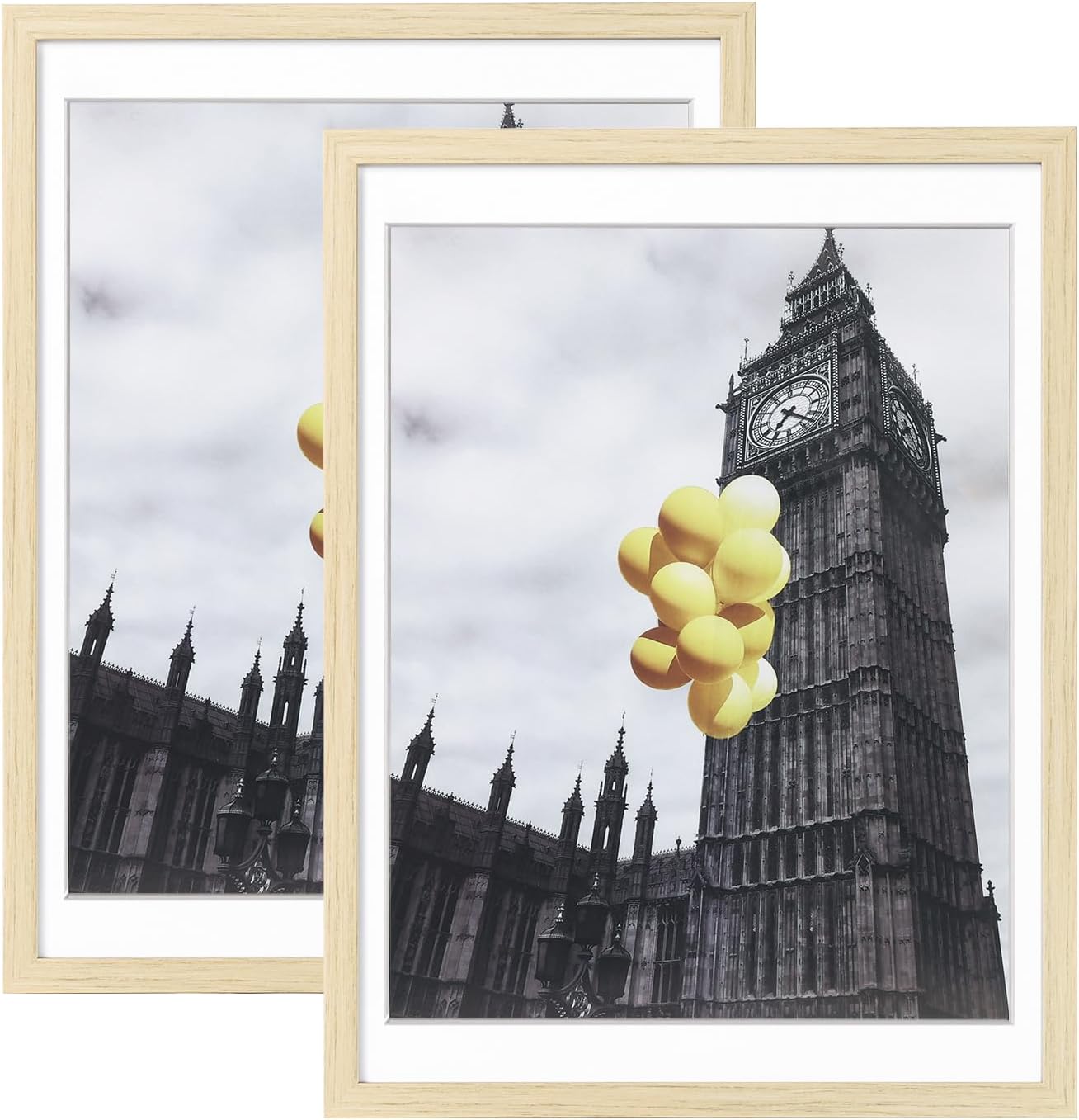 12x16 Picture Frames Set of 2 with Plexiglass, Display Pictures 11x14 with Mat or 12x16 Without Mat for Tabletop Display and Wall Mounting，Natural Wood Color