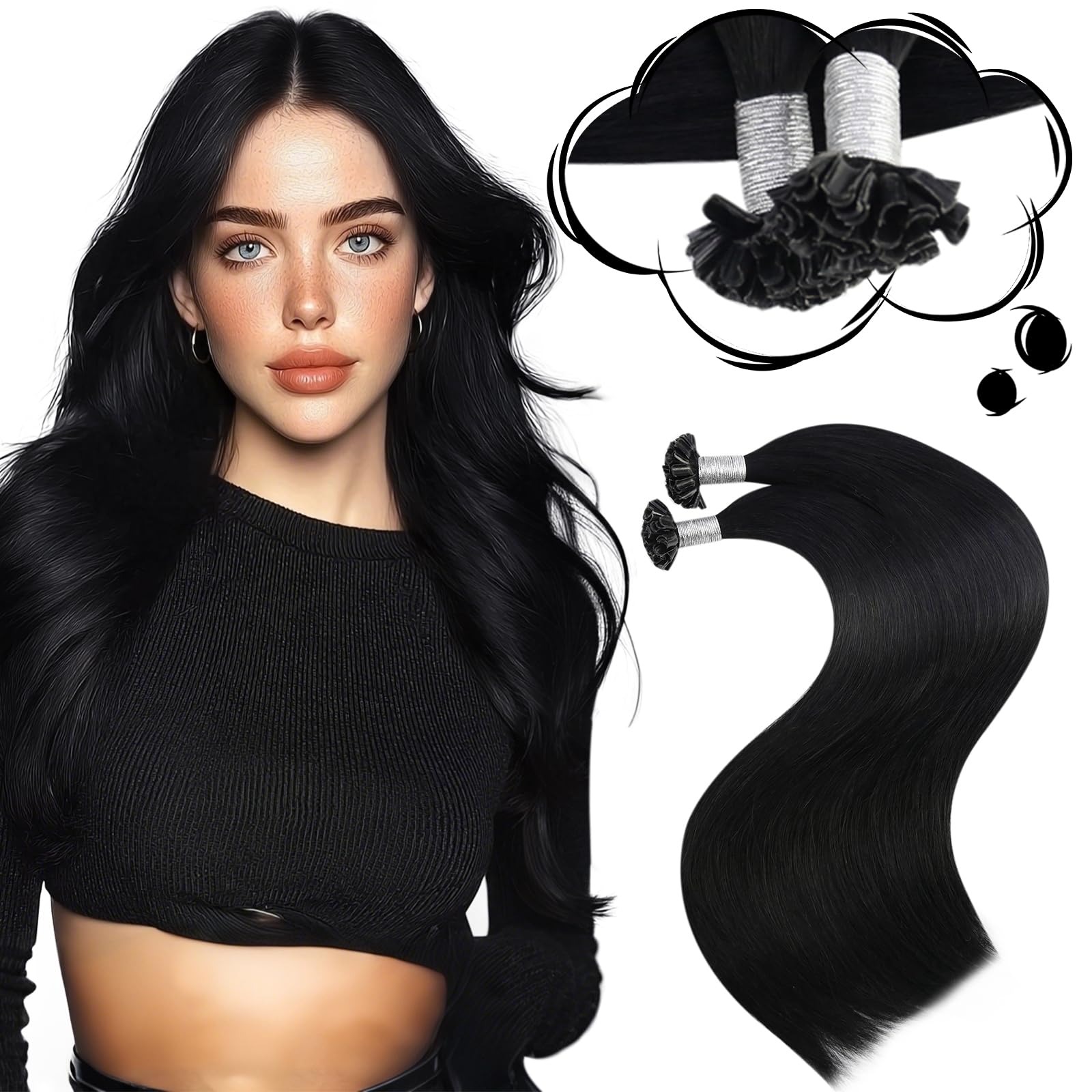 Moresoo U Tip Hair Extensions Real Human Hair 22 Inch Jet Black Hot Fusion Pre Bonded Hair Extensions Remy Silky Straight Human Hair Black for Women Natural Look 50g/Pack #1