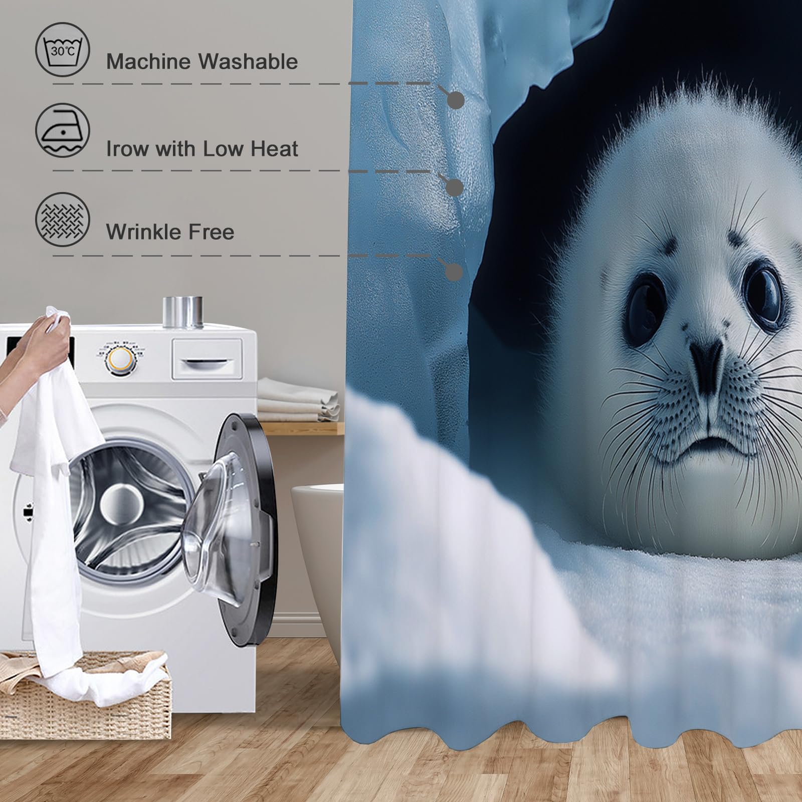 Eishöhlenlandschaft Duschvorhänge mit Haken,H200 x B180 cm (1er Pack) Wasserdicht Duschvorhang für Badezimmer,süße kleine Robbe Badewannen Hotelvorhang,Maschinenwaschbar