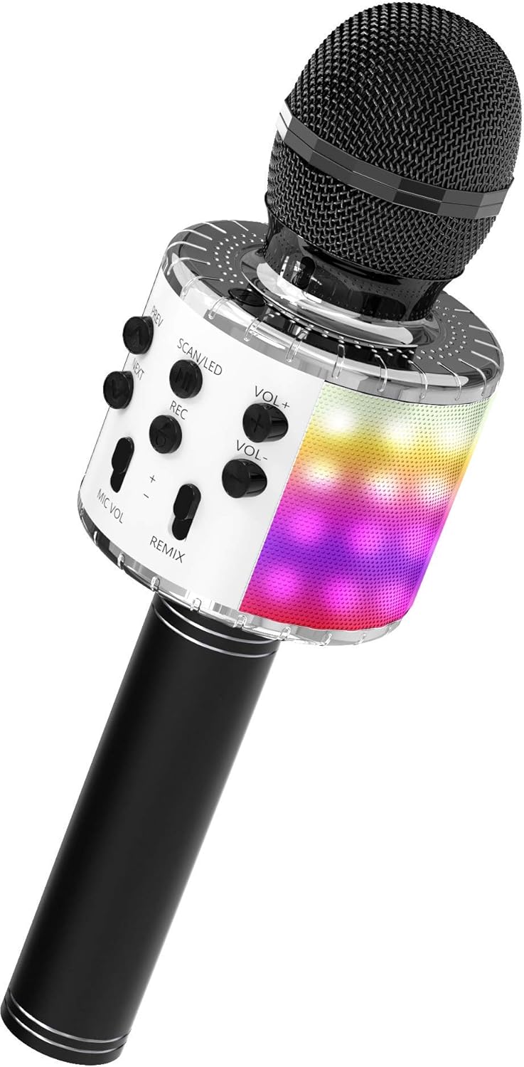 OVELLIC Karaoke Microphone for Kids, Wireless Bluetooth Karaoke Microphone with LED Lights, Portable Handheld Mic Speaker Machine, Great Gifts Toys for Girls Boys Adults All Age (Black Pro)