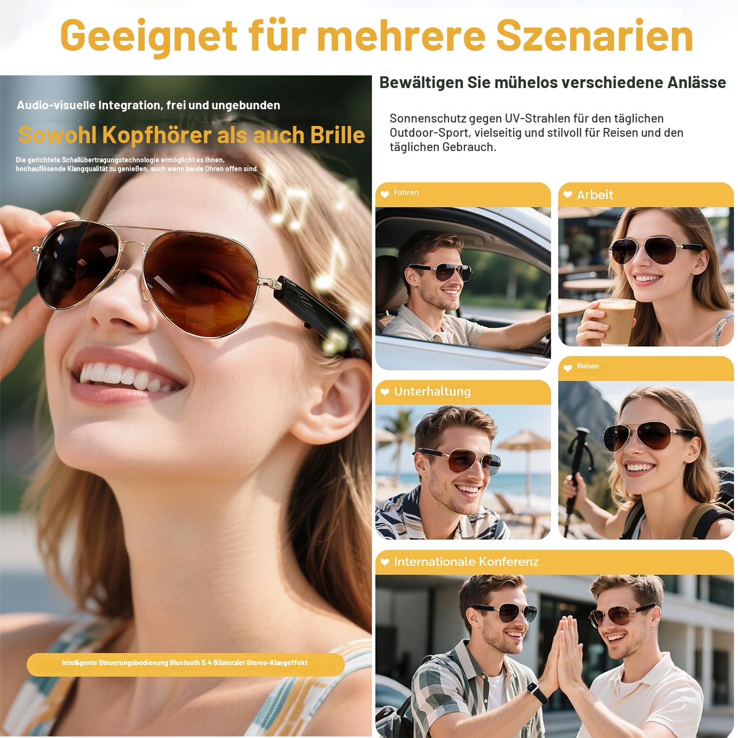 LONGLU Intelligente Brille, KI-Smart-Brille mit Hyper MZT App - Echtzeit-100+ Sprachübersetzung, Touch-Fotografie, UV400-Schutz & Bluetooth 5.4 (Braun)