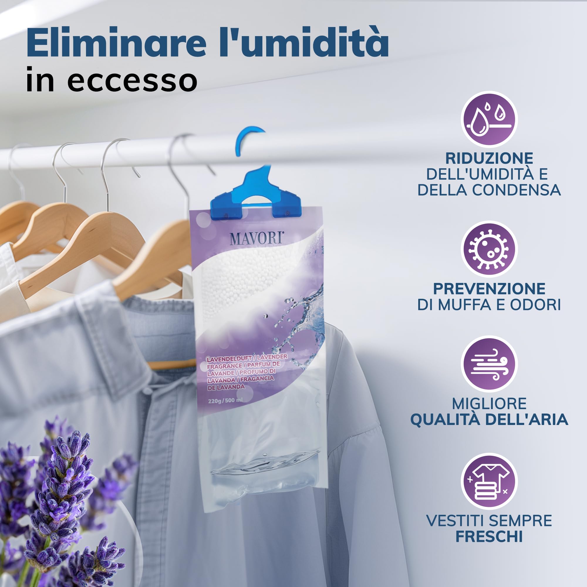 Set 10 deumidificatori XL da appendere | deumidificatori a sacchetti | deumidificatore da armadio e assorbiumidità per ambienti contro umidità, fino a 500 ml per sacchetto (Profumo di lavanda)