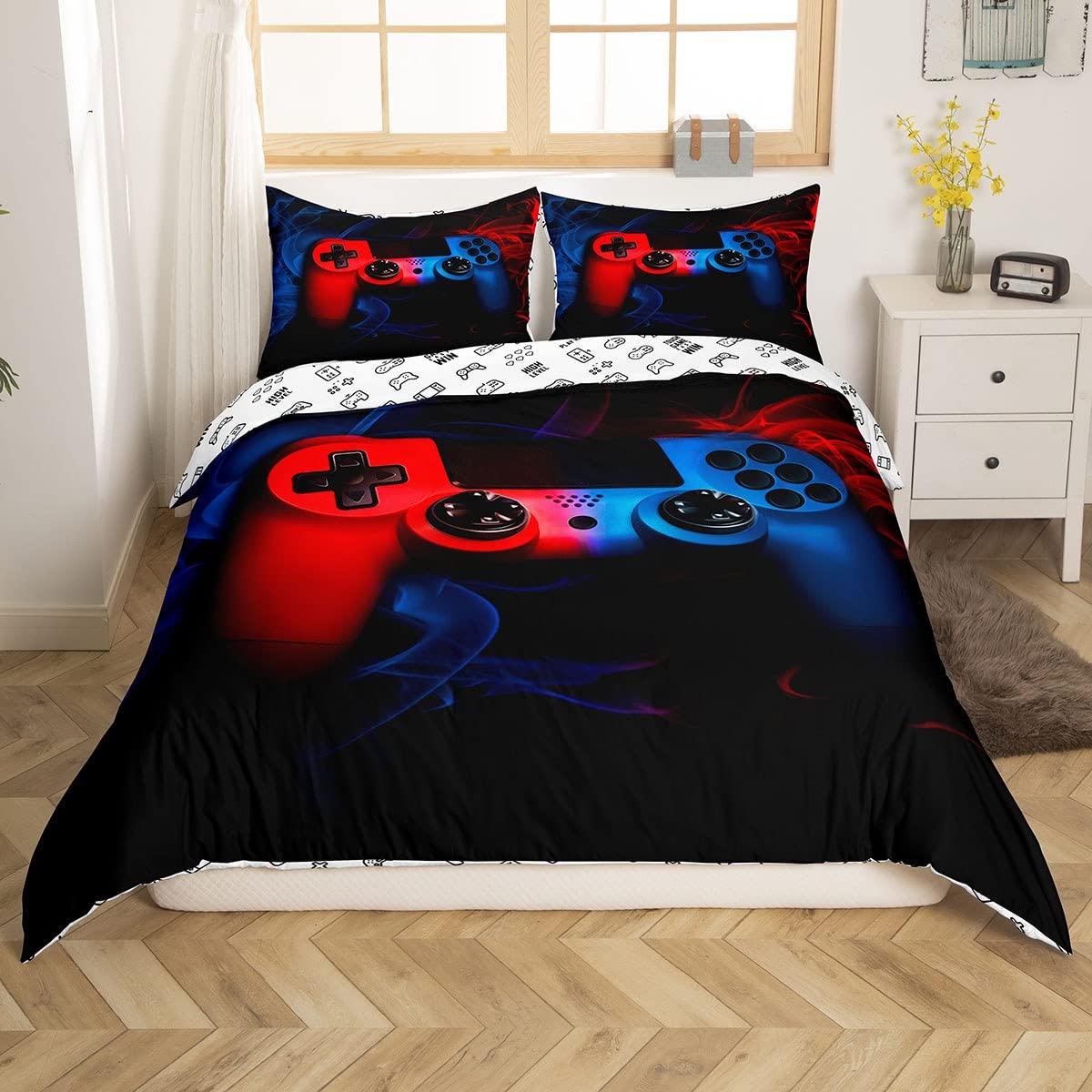 Juego de ropa de cama para juegos, juego de ropa de cama de videojuegos rojo y azul, juego de ropa de cama para niños, adolescentes, juego de funda de edredón con 1 funda de edredón, 2 fundas de almo