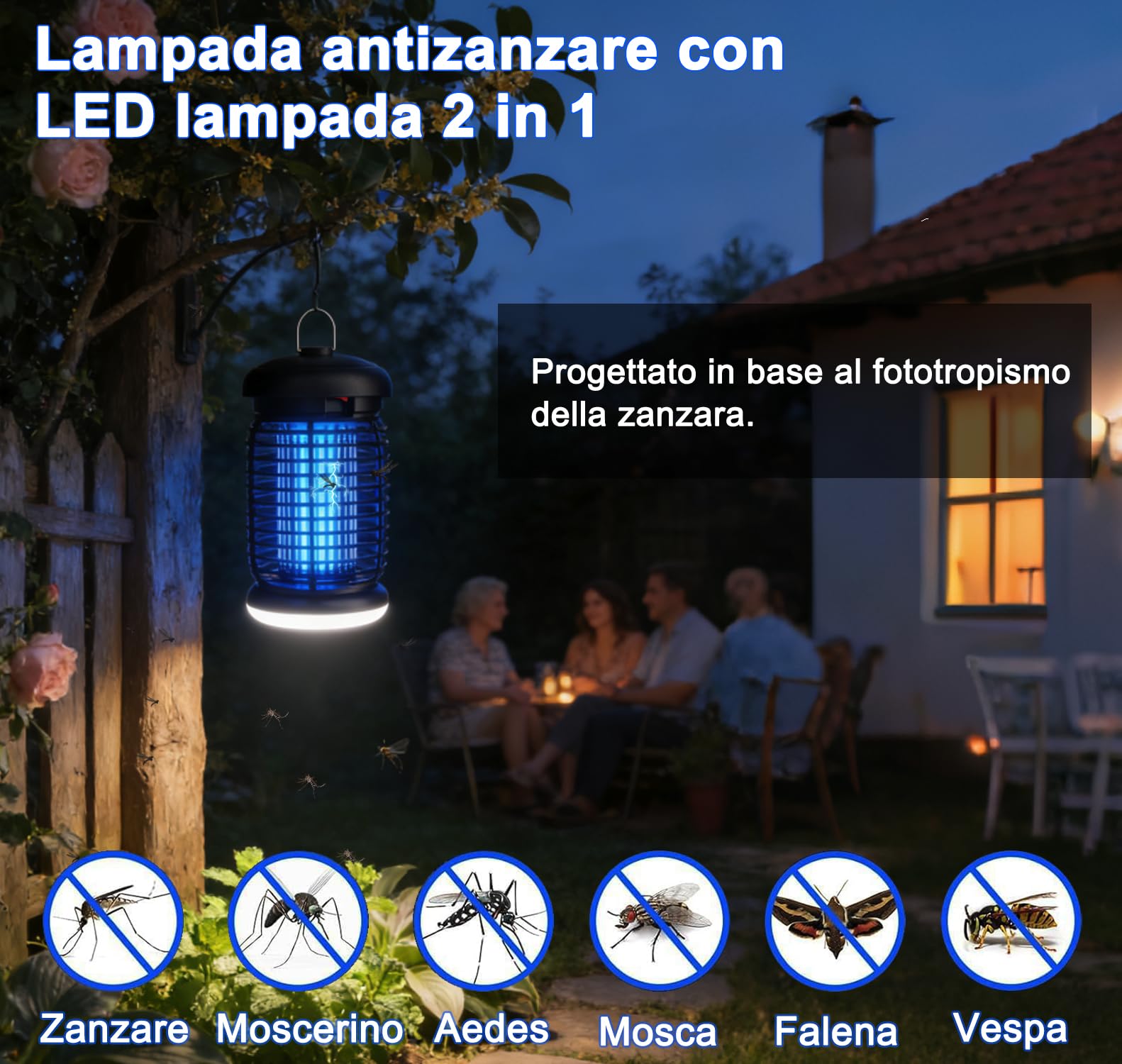 lampada antizanzare elettrica con Led lampada, 4200V 15W UV Zanzariera Elettrica Alto-efficiente, Non tossico e inodore, IPX4, lampada zanzare per interni ed esterni | Doppia sorgente luminosa, atossico, inodore, ABS ignifugo, impermeabile IPX4, da append