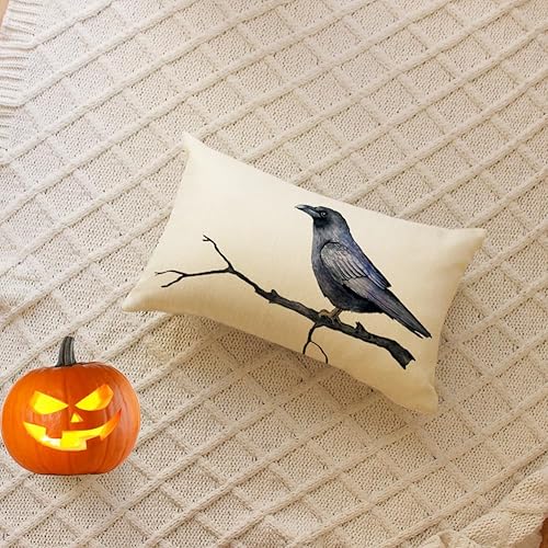 Miniatura 2 de Ogiselestyle Fundas de almohada de cuervo negro con texto en inglés Happy Halloween, 12 x 20 pulgadas, fundas de almohada decorativas para el sofá