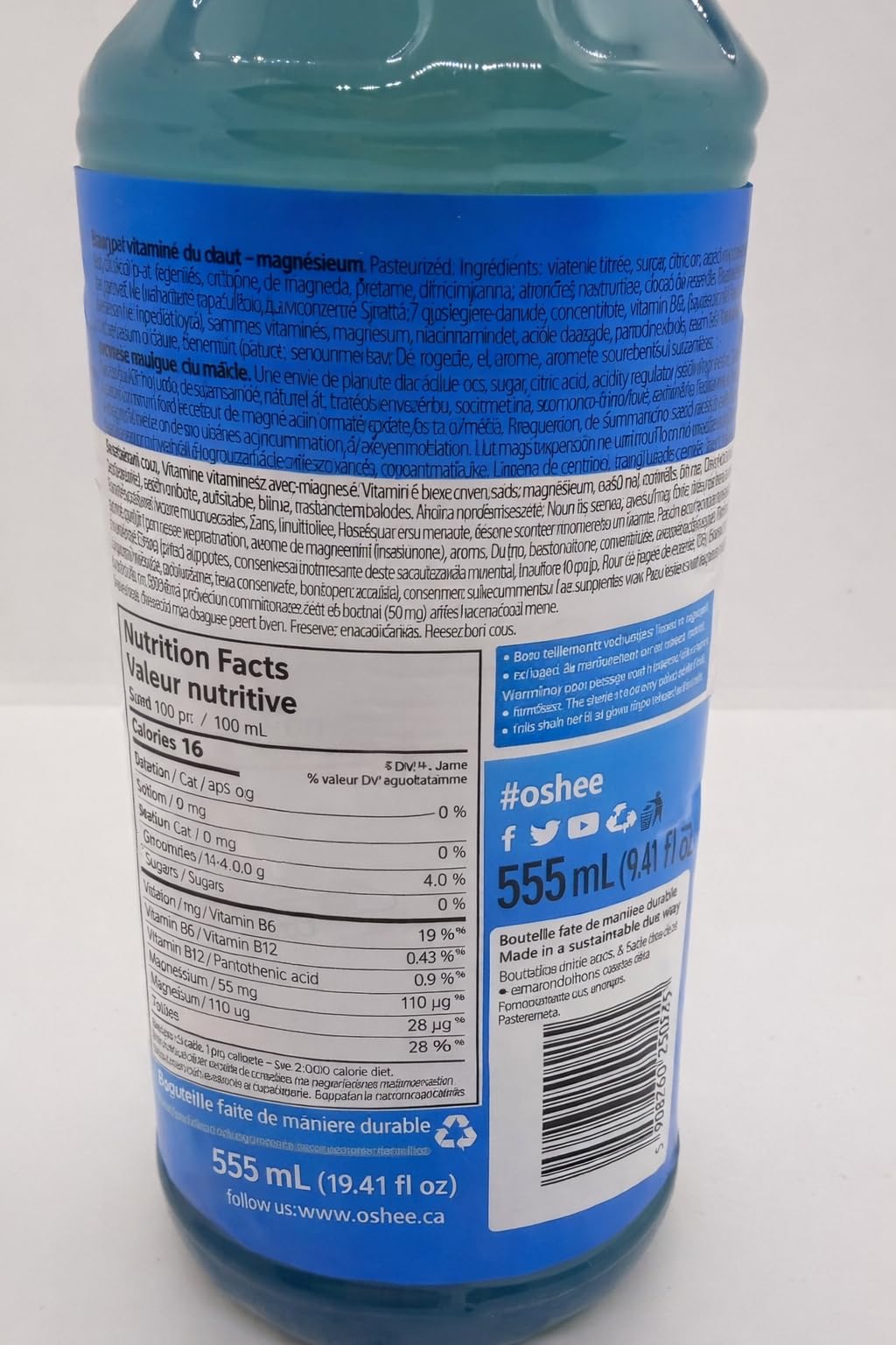 Oshee Vitamin Water H20 magnesium Flavour 555ml (Pack of 6) - Magnesium, Niacin, Pantothenic Acid, Vitamin B6, Folic Acid, Biotin, Vitamin B12
