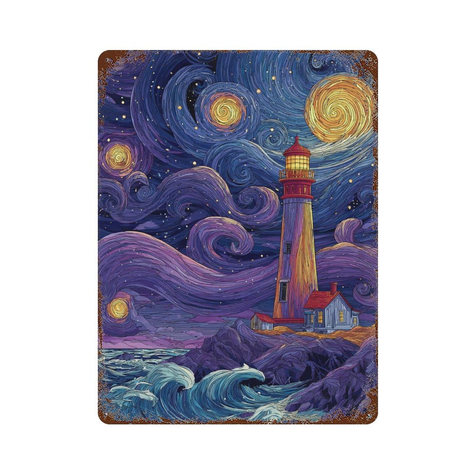 Starry Night Lighthouse -6 15.7"x11.8" Distressed Metal Wall Sign, Shabby Chic Decor for Shed, Workshop And Garage Wall Decor
