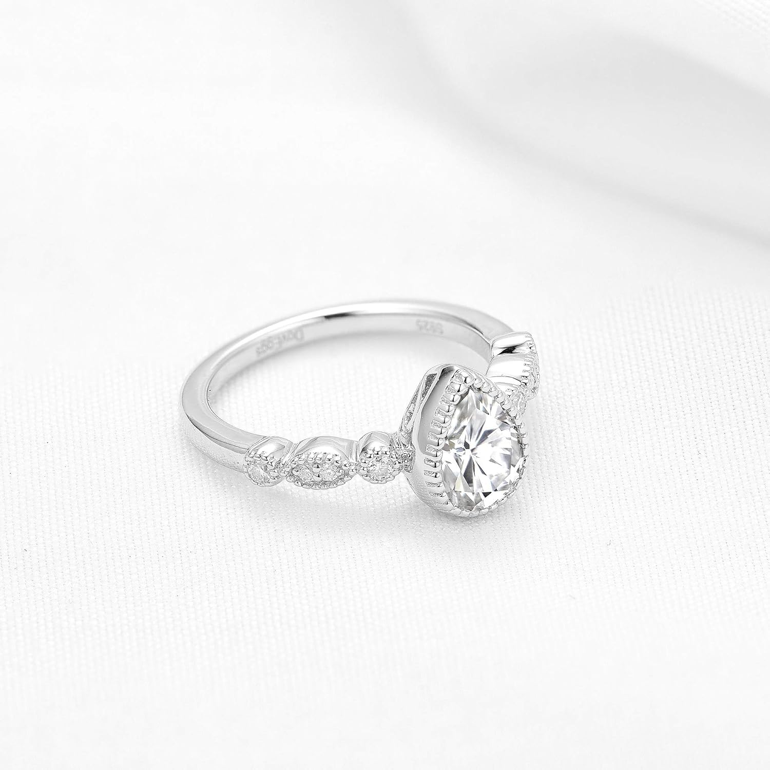 DovEggs Moissanite Engagement Ring for Women 1.5ct 6X8mm F-G-H Color Pear Shaped Cut Solitaire Bezel Moissanite Wedding Ring Anniversary Sterling Silver with 18K White Gold Plated
