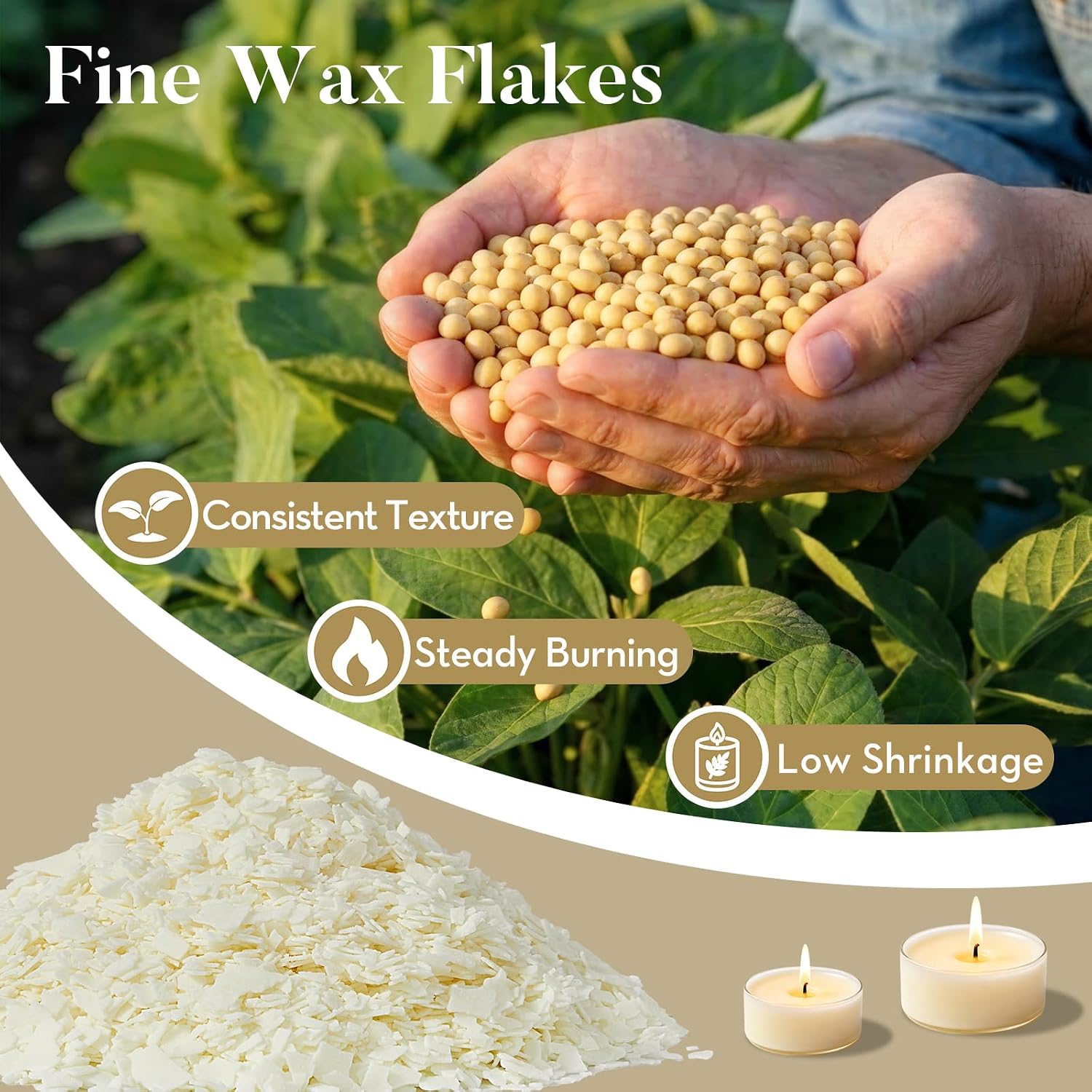 Crenovo Organic Soy Wax for Candle Making, Paraffin-Free, 1LB with 50 Wicks | Clean-Burning, Natural Candles Making Wax Supplies, Easy-Melt Soy Wax for Melts, Containers, Tealights Small Batches