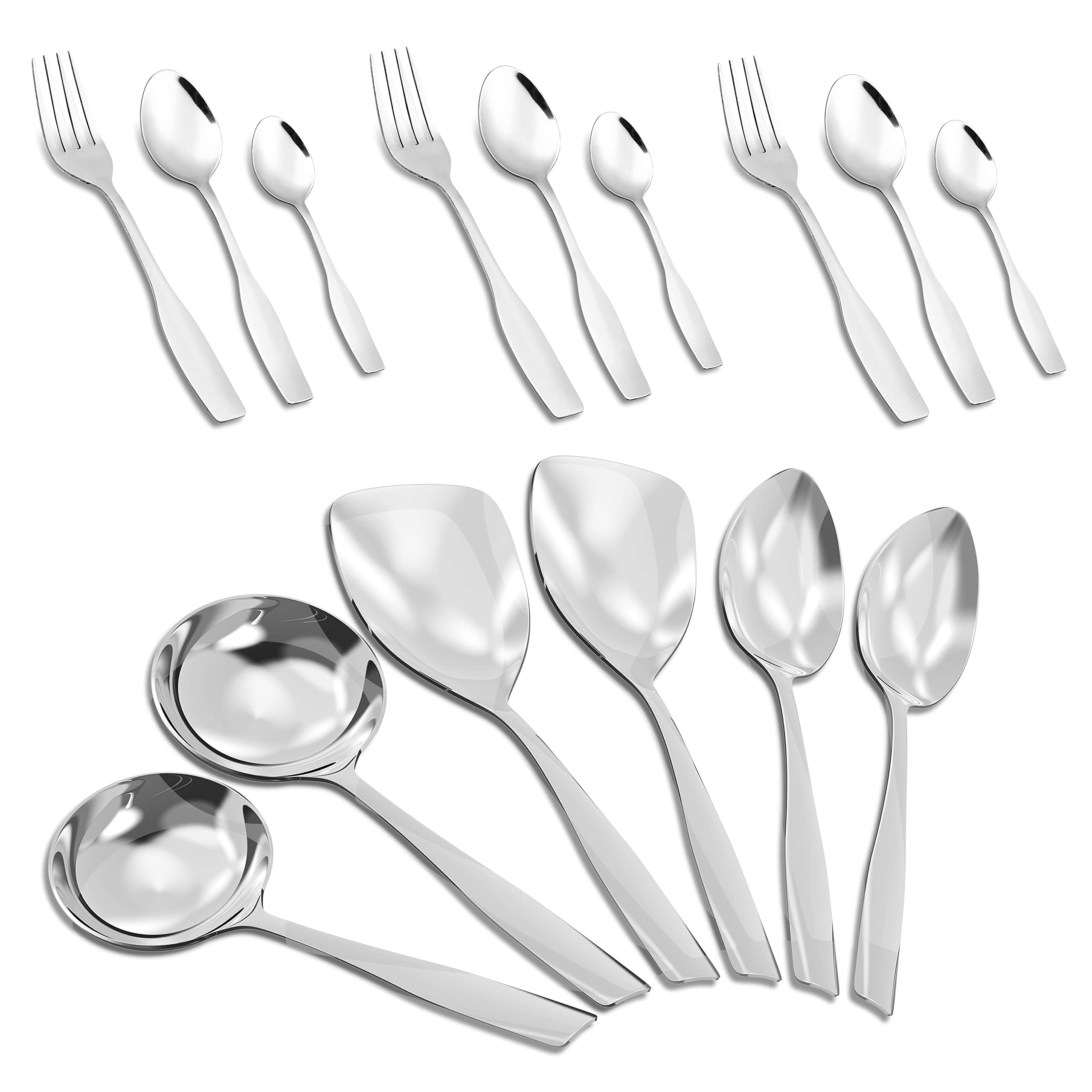 AXIOM Stainless Steel Cutlery and Serving Set of 24 Pieces. Complete Dining Set of 6 Dessert Spoons, 6 Dessert Forks, 6 Teaspoons, 6 Piece Serving Set with 2 Solid Spoons, 2 Rice Spoons, and 2 Ladles