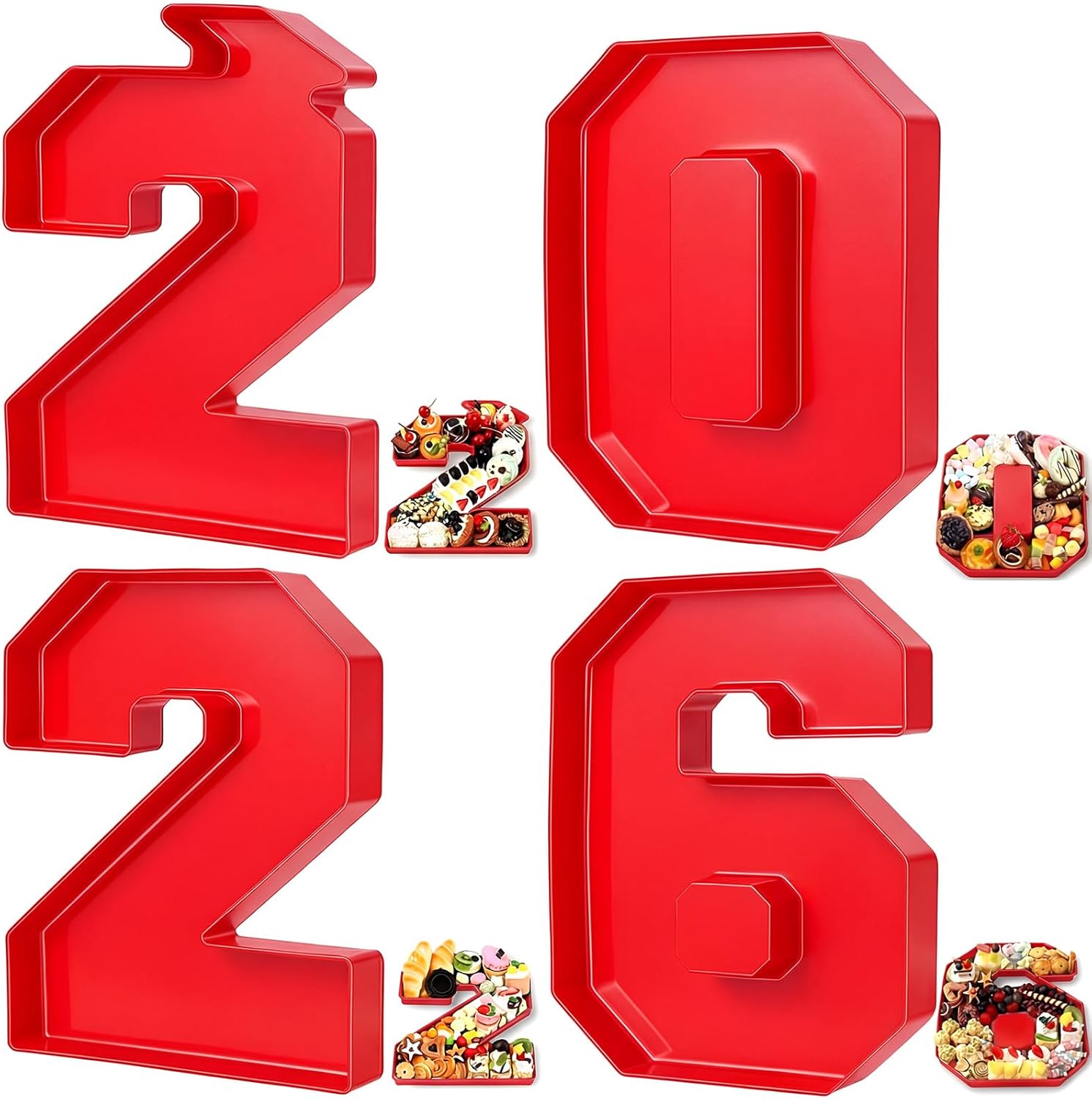 Tellingyou 4 Pcs 13.7" 2026 Charcuterie Numbers Fillable Graduation Disposable Mache Box Chocolate Candy Tray Grad Container Decoration(Red,2026)