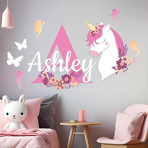 Calcomanías de pared personalizadas con nombre e inicial de unicornio I Girl Room para dormitorio, calcomanía de pared con nombre personalizado I