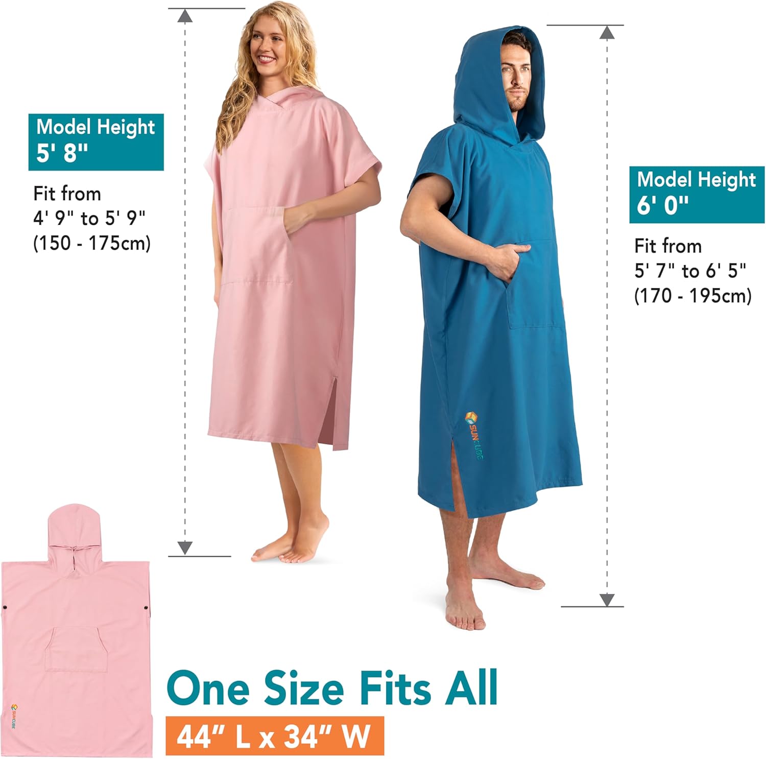 SUN CUBE Surf Poncho Changing Robe with Hood, Quick Dry Microfiber Wetsuit Changing Towel for Surfing Beach Swim Outdoor Sports Men, Absorbent Wearable Towel Cover Up with Pocket, Pink