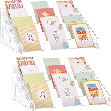 YEXEXINM 2PCS Greeting Card Display Stand, 4 Tier Acrylic Card Display Rack Clear Storage Sticker Organizer Stamp Postcard Mail Greeting Card Holder Multipurpose Merchandiser for Retail Counter Desk
