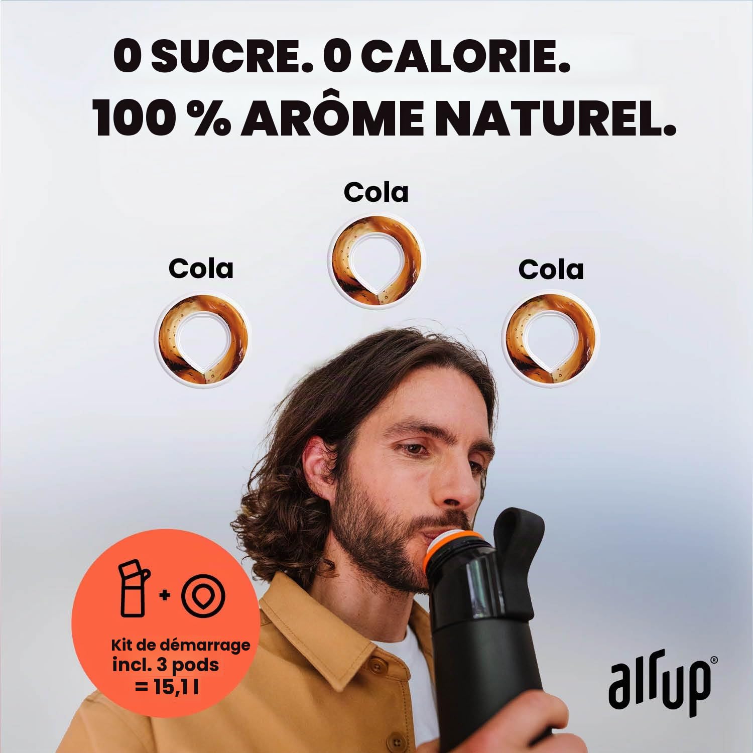 air up® Bouteille d'eau (473 ml) en acier noir + 3 capsules de cola | Capsules de saveur sans sucre et bouteilles d'eau avec paille | Bouteille d'eau aromatisée