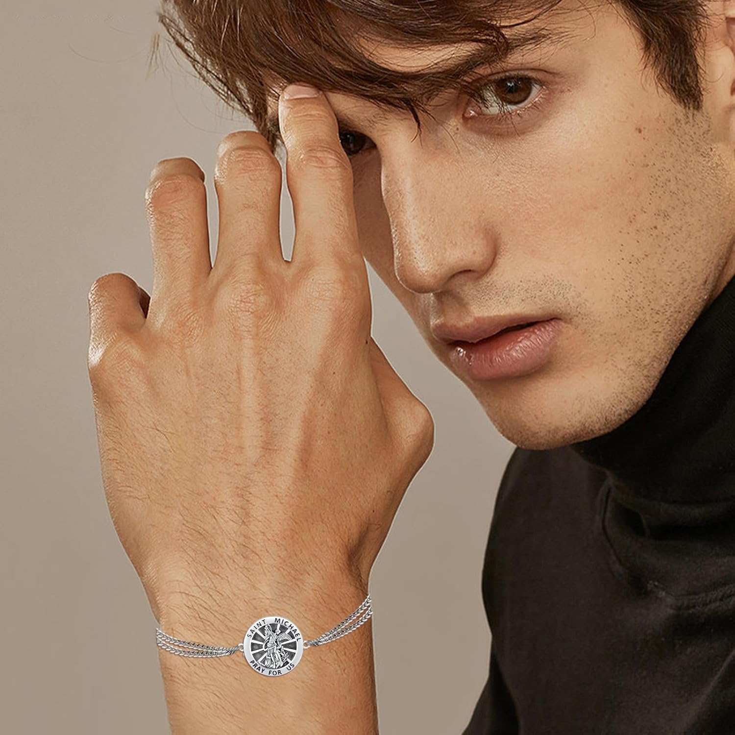 925 Sterling Silver Patron Saint Medal Bracelet with Stainless Steel Double Chain 7"+2" - Image 5