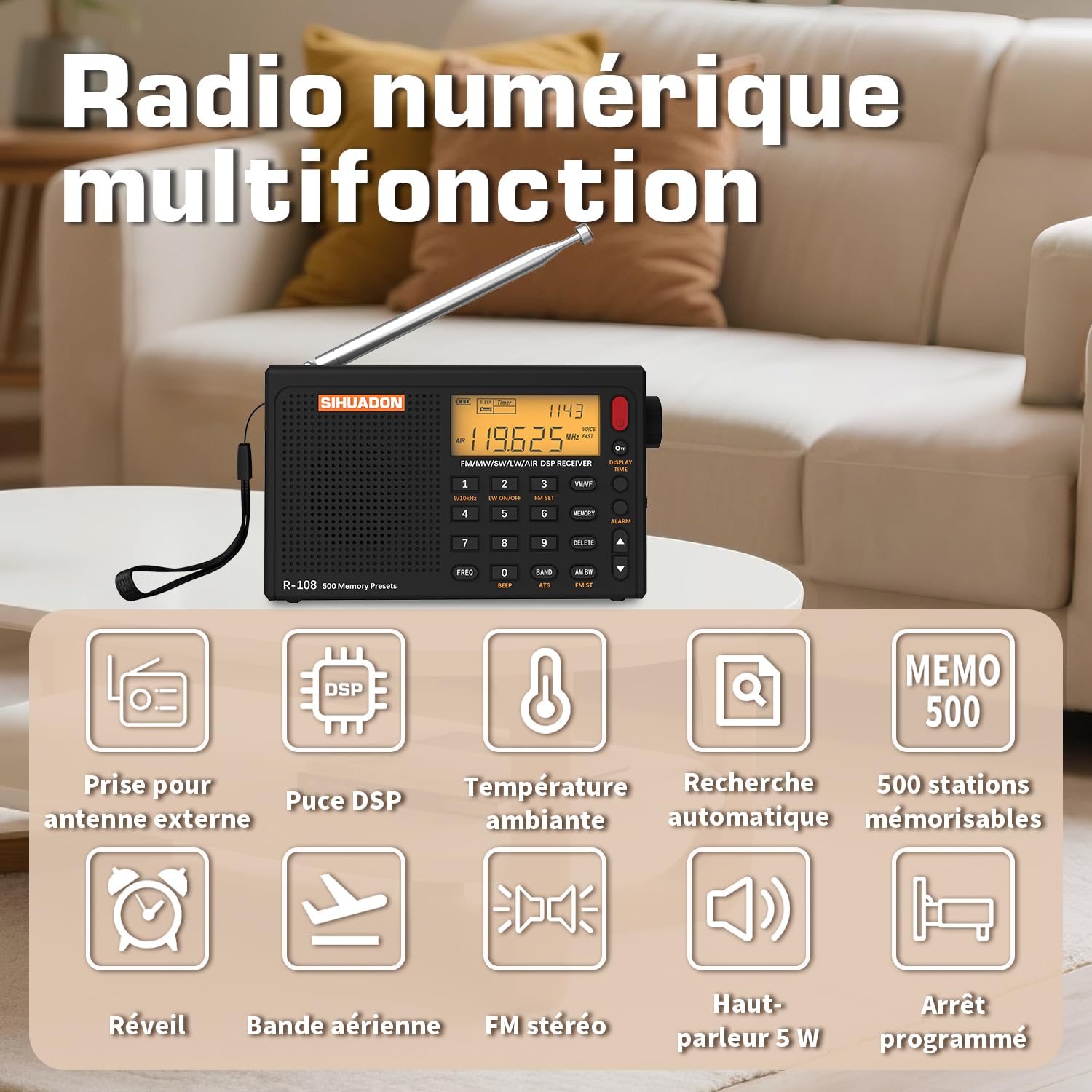 Radio Portable SIHUADON R108 FM AM MW SW Multibande Poste Radio à Ondes avec Affichage du Temps de Parole Fort RéTro-éClairage NuméRique Alarme Noir