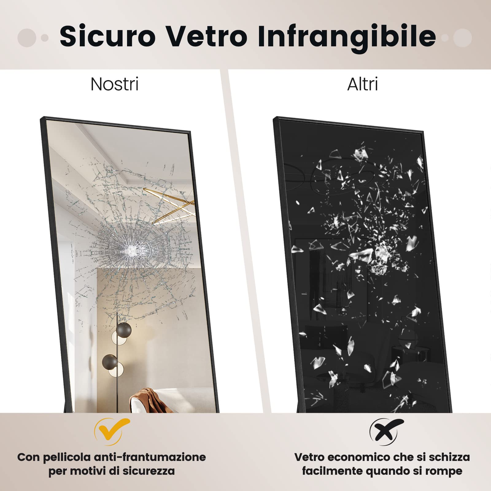 COSTWAY Specchio da Parete Lungo, Specchio da Terra Appendere con Cornice in Lega di Alluminio e Ganci, Per Camera da Letto e Soggiorno, 160 x 40 cm (Nero)