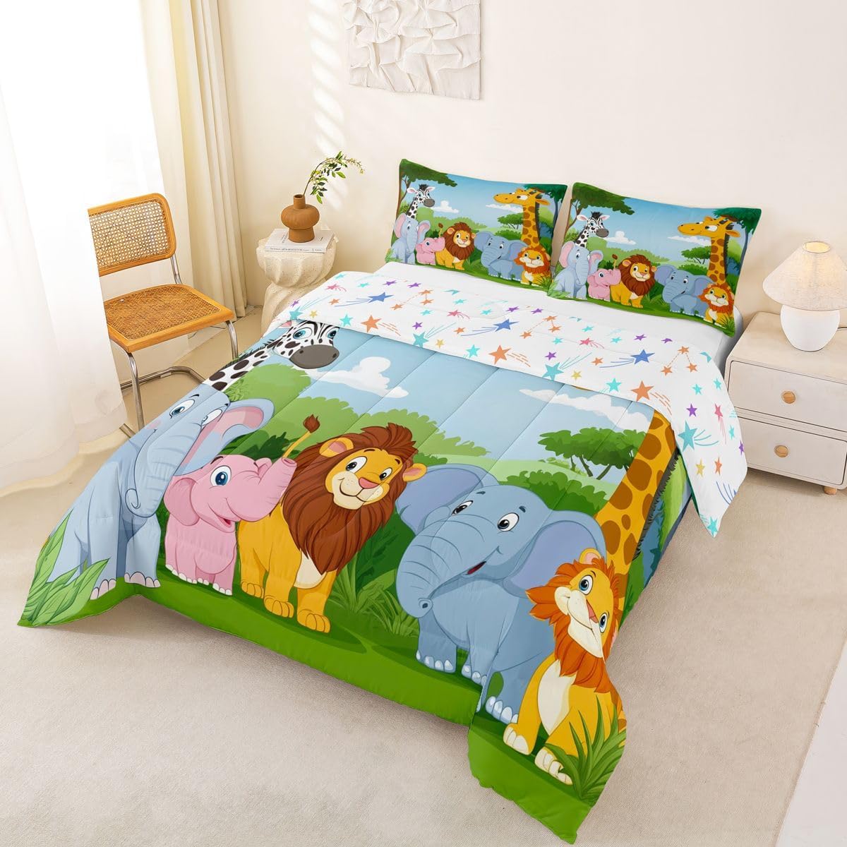 Feelyou Kids Cartoon Animal Soft Comforter Set Jungle Elephant Lion Zebra Giraffe Monkey Bedding Set Cute Quilt Collection 3Pcs Queen Size Boys