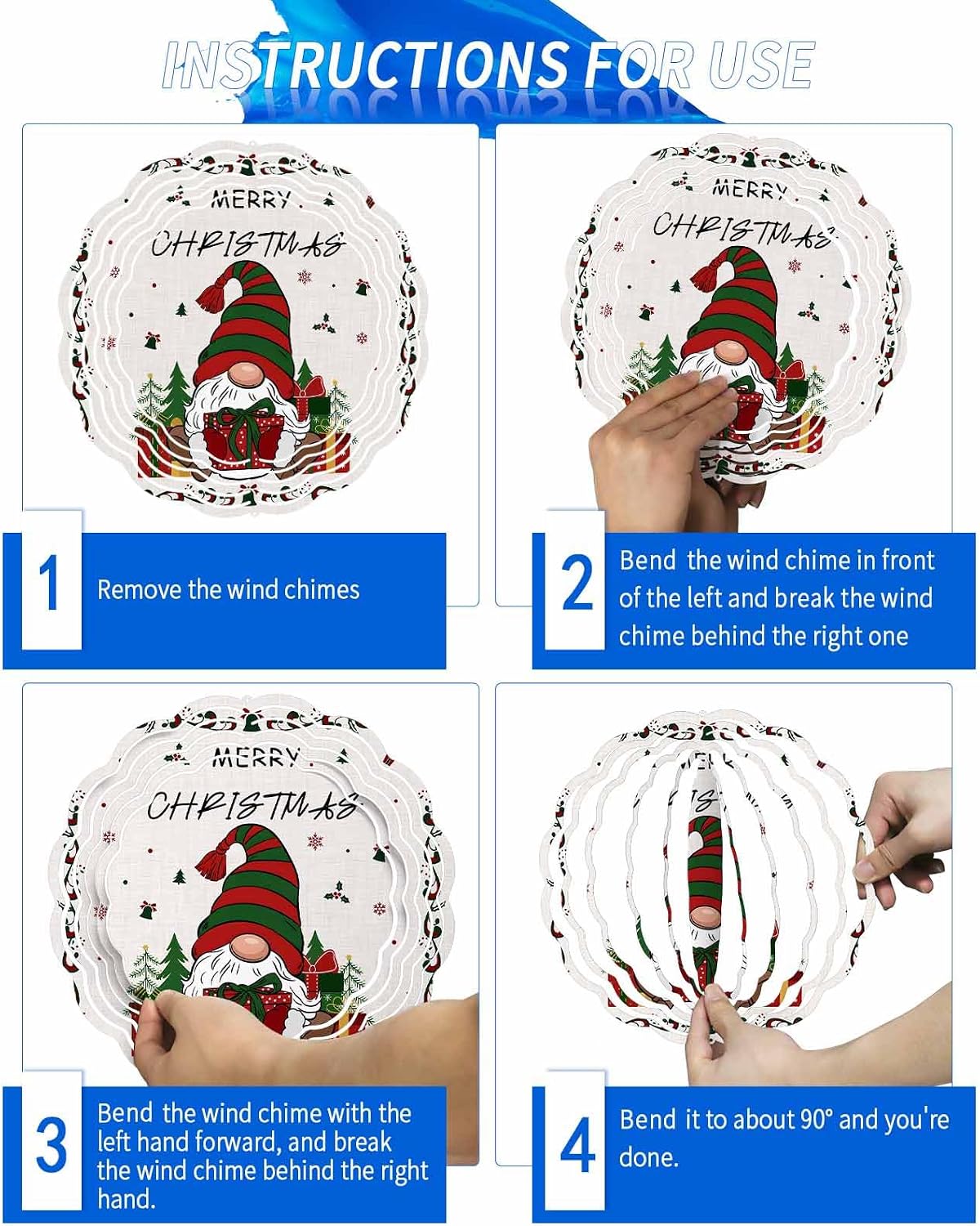 Christmas Gnomes Wind Spinner 3D Stainless Steel, 12 Inch Double Sided Circle Hanging Wind Spinners, Winter Xmas Tree Gift Snowflake Berry Dots Garden Art Wind Sculpture for Yard Porch Front Door
