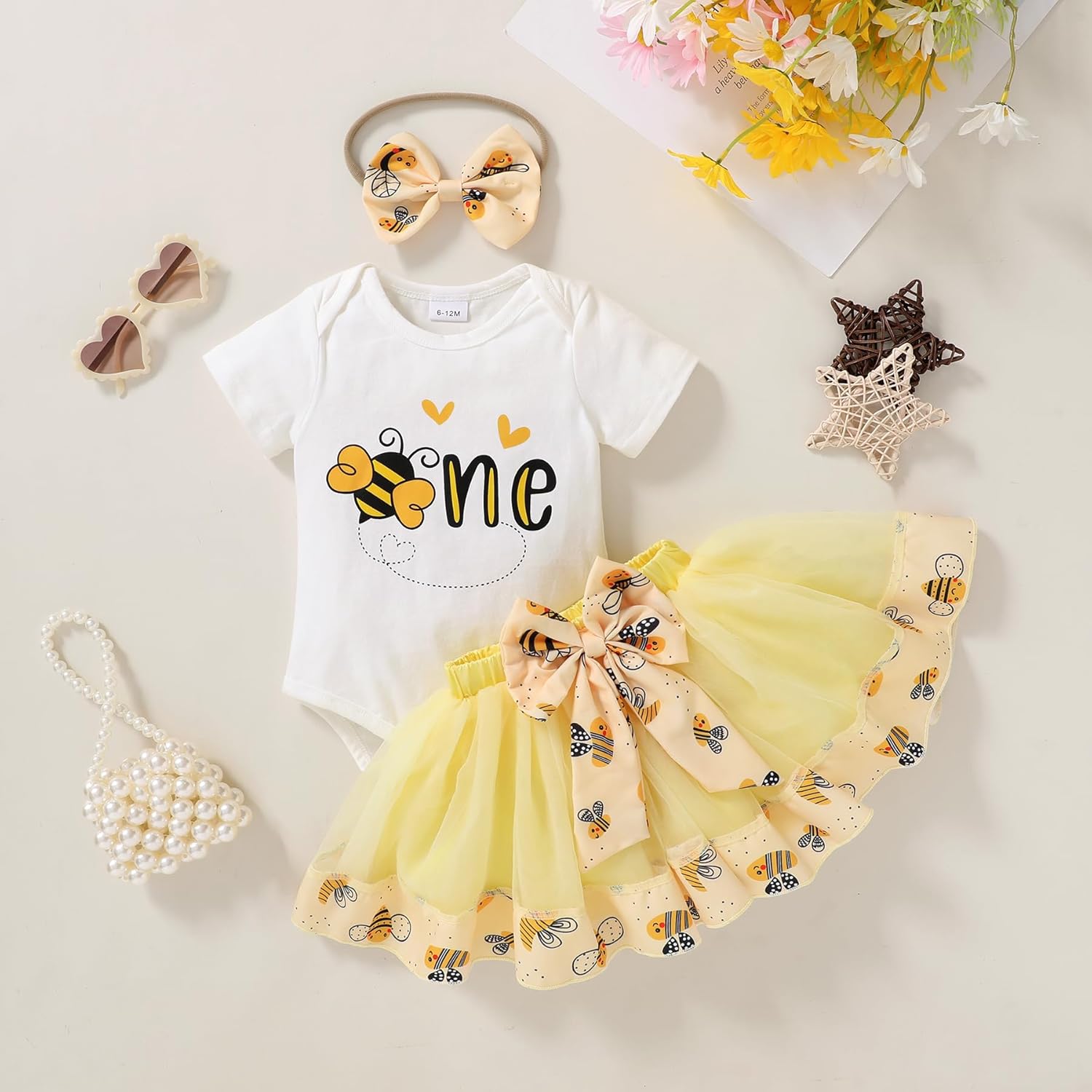 HAPPYMA Baby Girls One 1st Birthday Outfit Bee Sunflower Romper Tulle Tutu Skirt Sequin Bow Party Clothes Set - Image 2