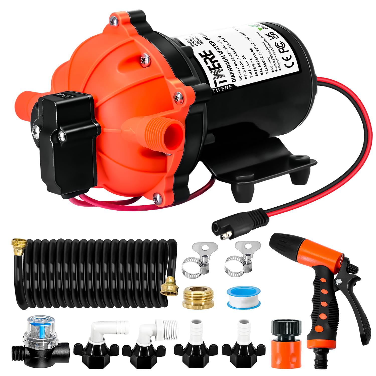 7.5 GPM 80 PSI Washdown Deck Wash Pump Kit, 12V Marine Washdown Pump Kit with Strainer and Pressure Switch for RV,Boat,Sprayer,Travel Trailers,and Yacht -Freshwater Saltwater