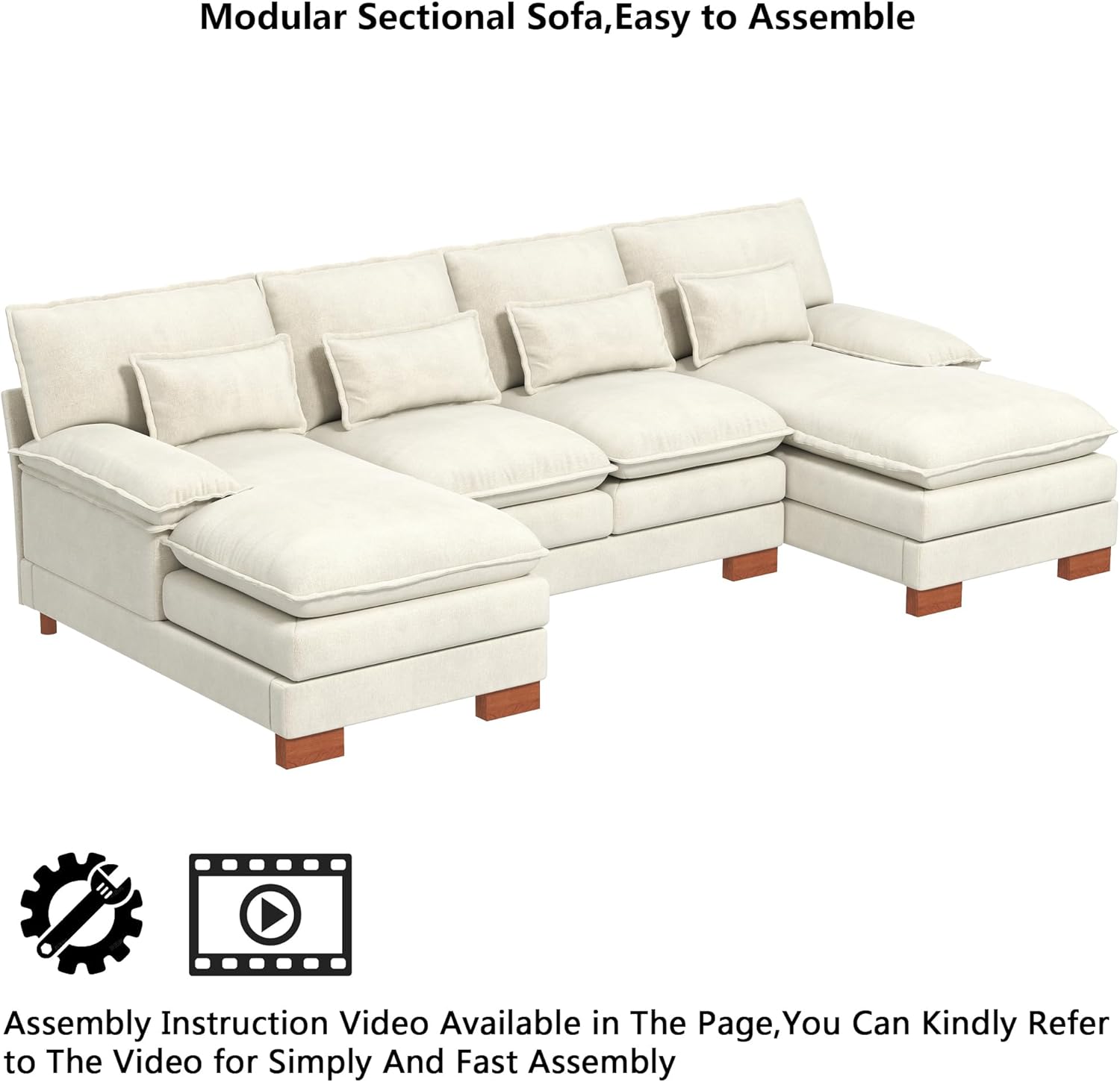 Setawix Chenille Cloud Sofas Couches with Deep Seat for Living Room,U Shaped Cloud Couches,Modern Modular Sectional Sofa Couch with Chaise Lounges,112.59" U Shape Sofa Set (Chenille, Beige)