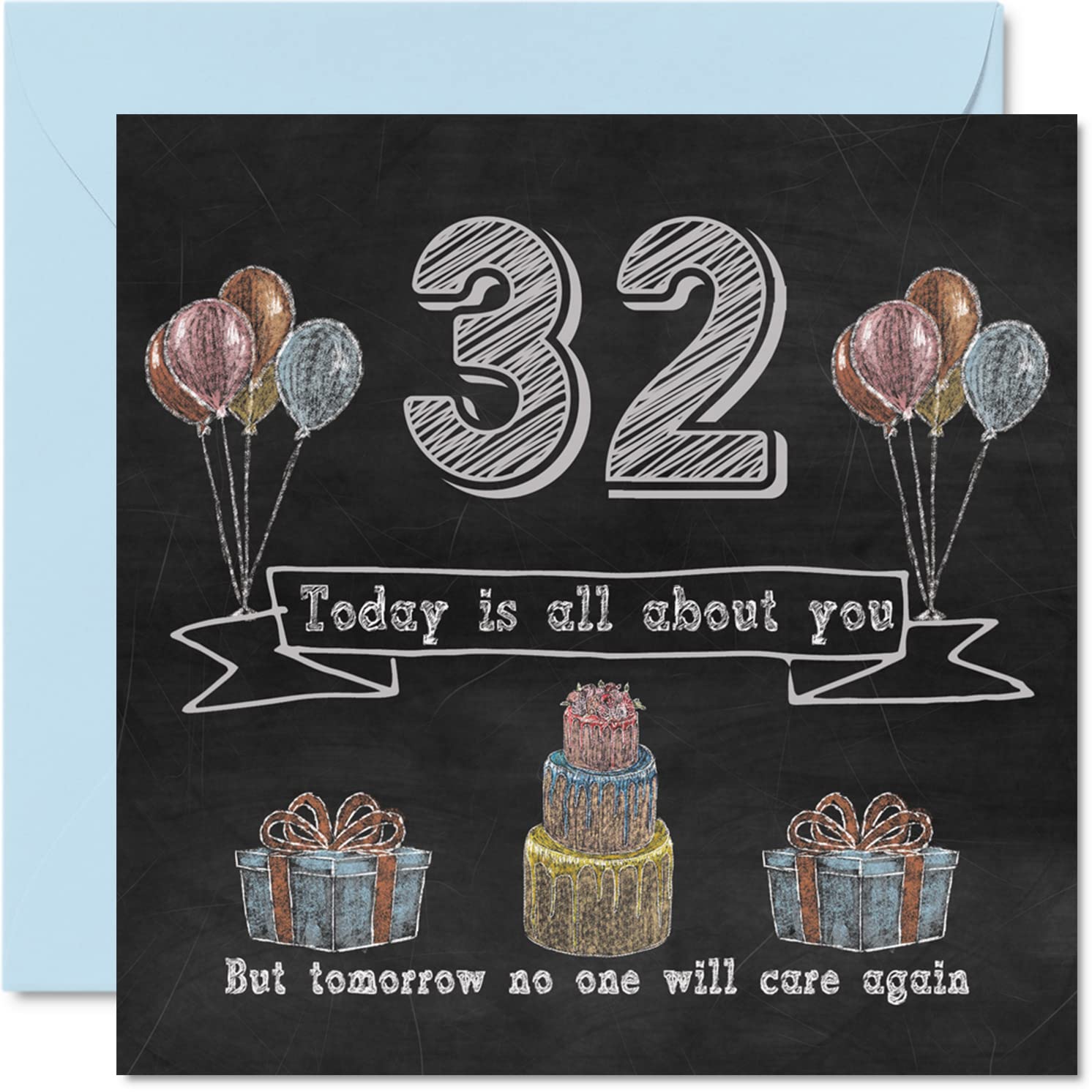 Funny 32nd Birthday Cards for Men Woman - Chalk Blackboard - Happy Birthday Card for Auntie Mum Dad Daughter Son Sister Uncle Brother Cousin, 145mm Humour Banter Greeting Cards
