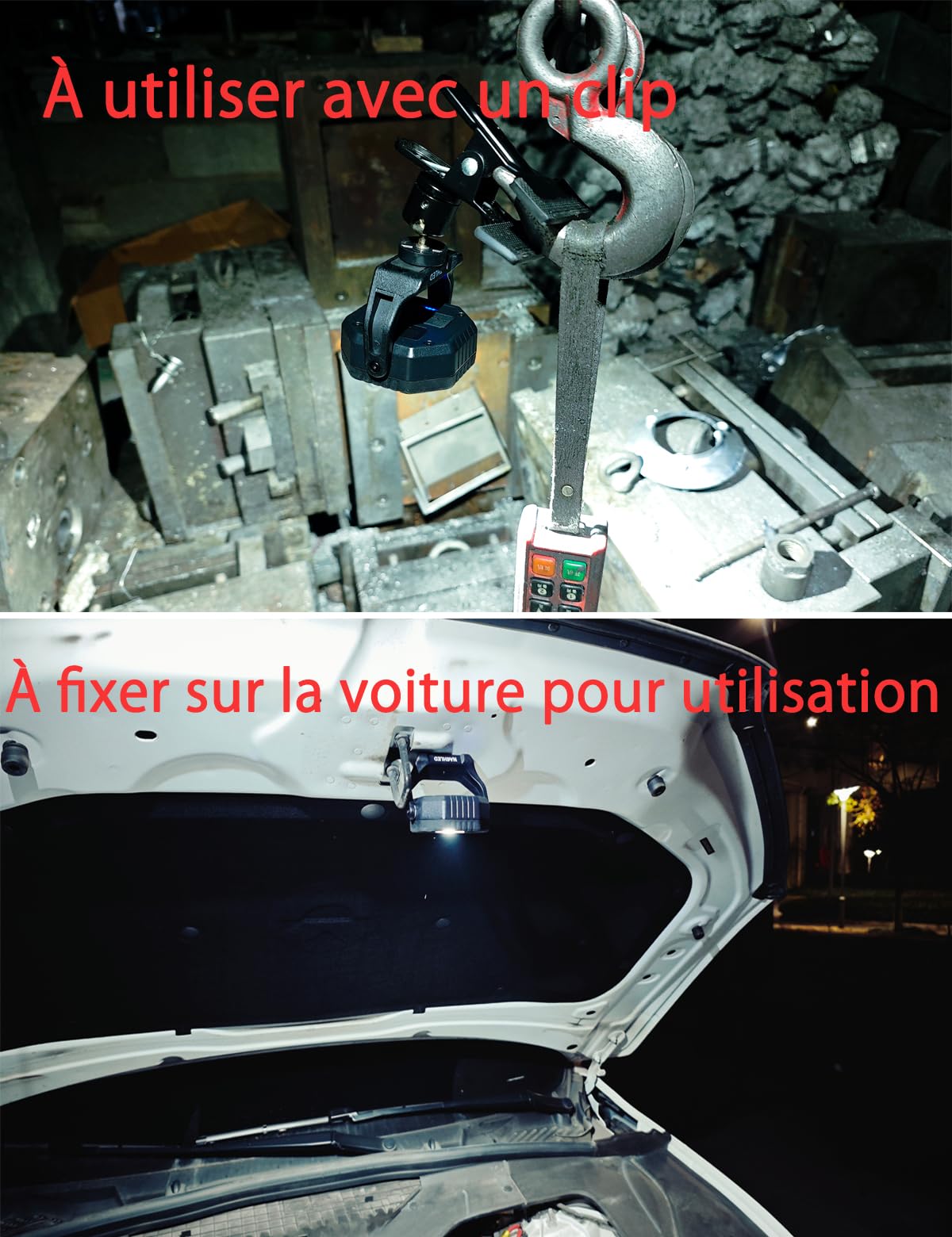 Lampe de travail, 800 lm, lampe de mécanicien de poche, rechargeable de type C, 2600 mAh, support magnétique rotatif à 360°, IP65, pour réparation de voiture, bricolage et entretien (gris)