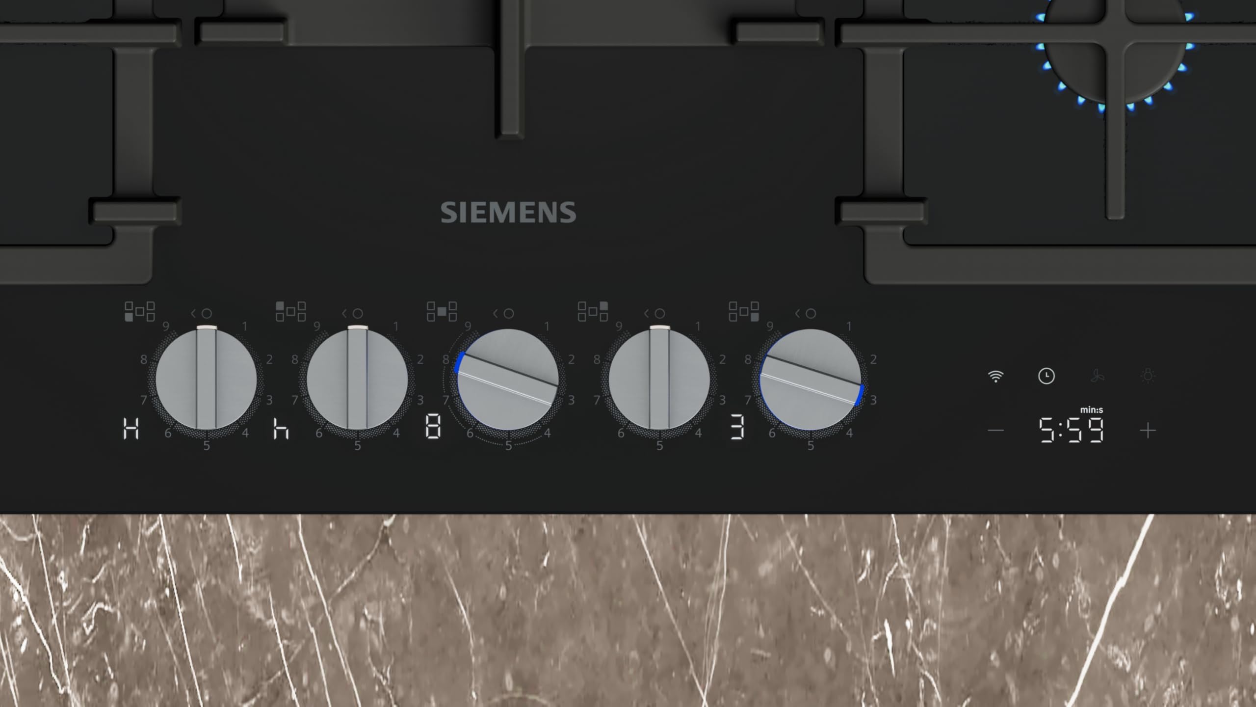 Siemens ER7A6RH40 iQ700 Plaque de cuisson à gaz, 75 cm, technologie stepFlame, cookConnect, hotte automatique intelligente, écran numérique, boutons métalliques amovibles, verre trempé, Home Connect