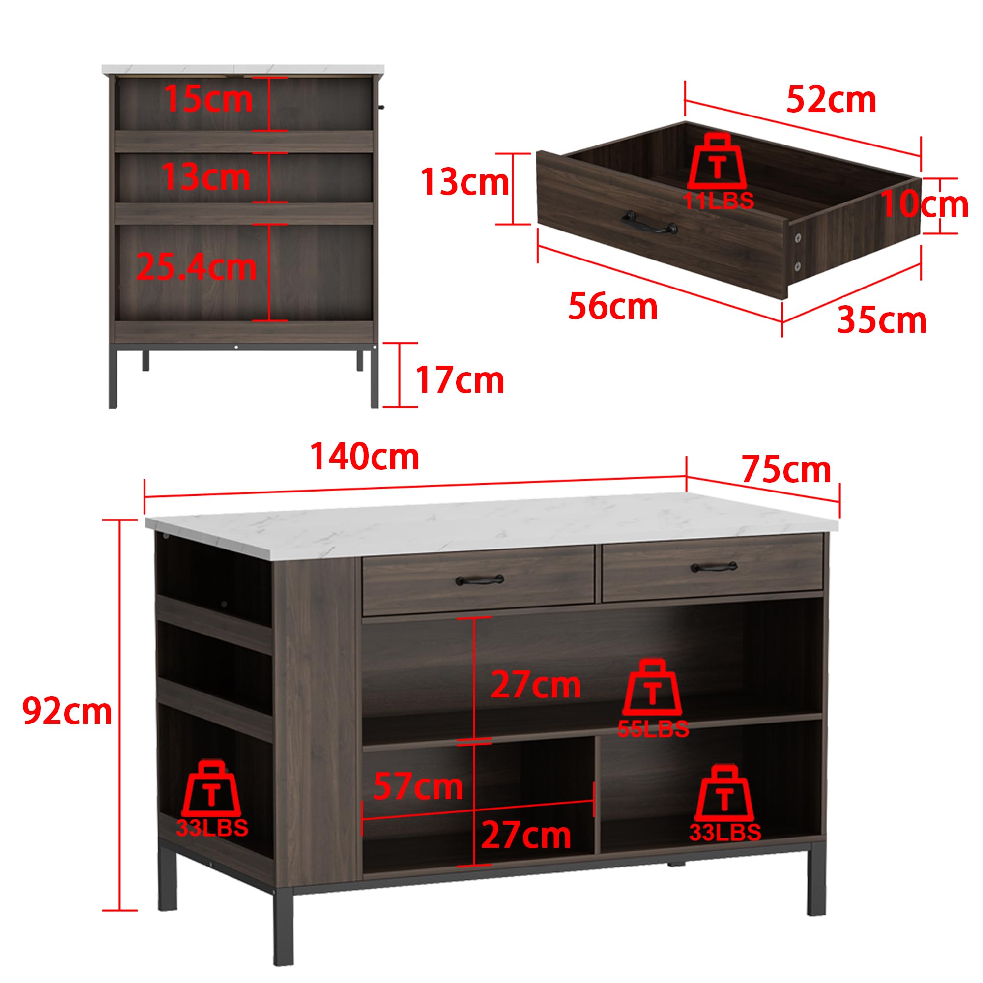 Isola da cucina marmorizzata - mobile 2 cassetti, tavolo da colazione, bar e ripiani MDF 75x140x92 cm