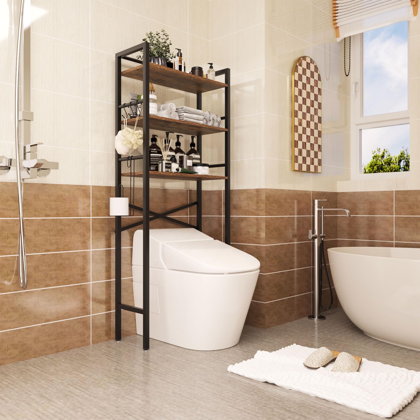 YMYNY Estantería de Inodoro, Estantería para Baño de 3 Niveles con Soporte para Papel Higiénico, Estante de baño, Estante de Almacenamiento, Ahorro de Espacio, 64×24×165CM Marrón Rústico HBR005H