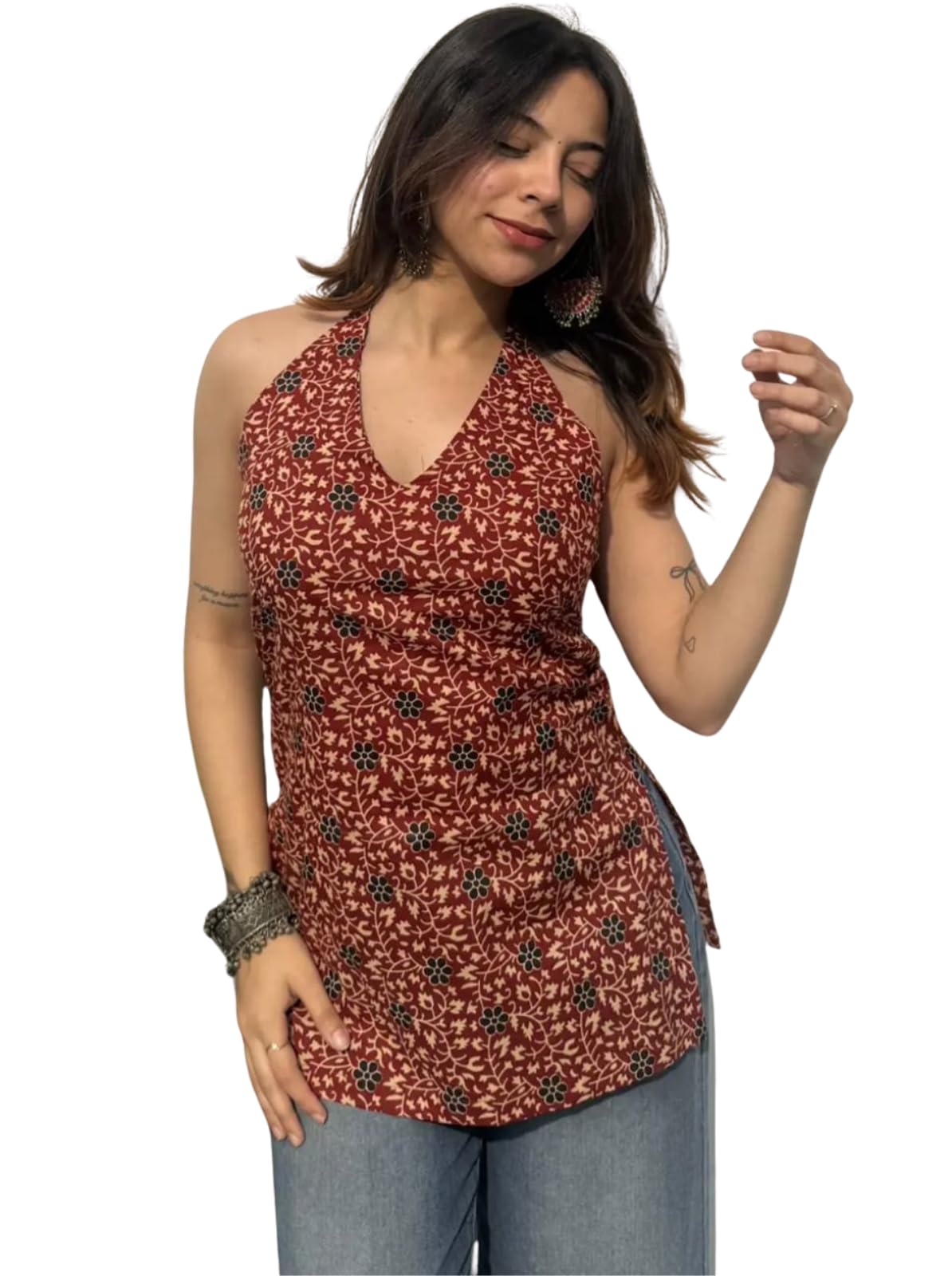 Women's Cotton Printed Stylish Short Kurti Sleeveless Halter Neck-picture-30