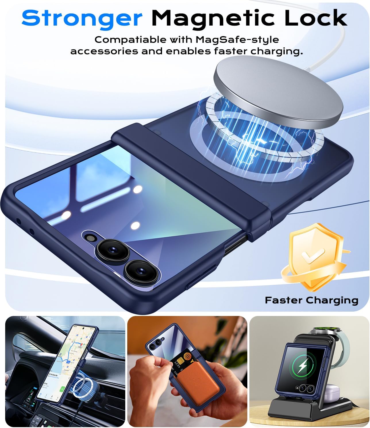 for Samsung Galaxy Z Flip 7 Case with Hinge Protection & Front Screen Protector [Support MagSafe] - Full Body Military-Grade Translucent Back Phone Cover, Blue