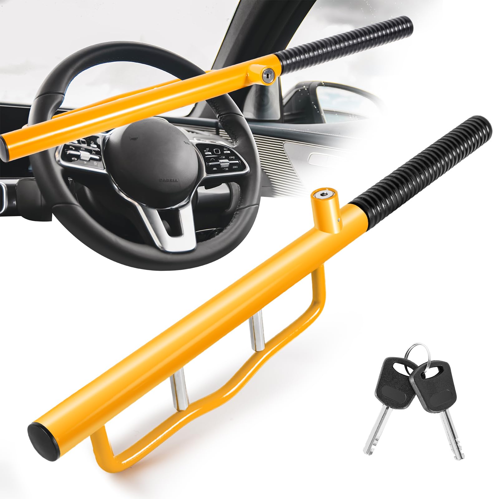 LAMA Verrou de volant de voiture, haute visibilité en métal robuste avec 2 clés, antivol universel pour voitures, camions, camionnettes, SUV, jaune