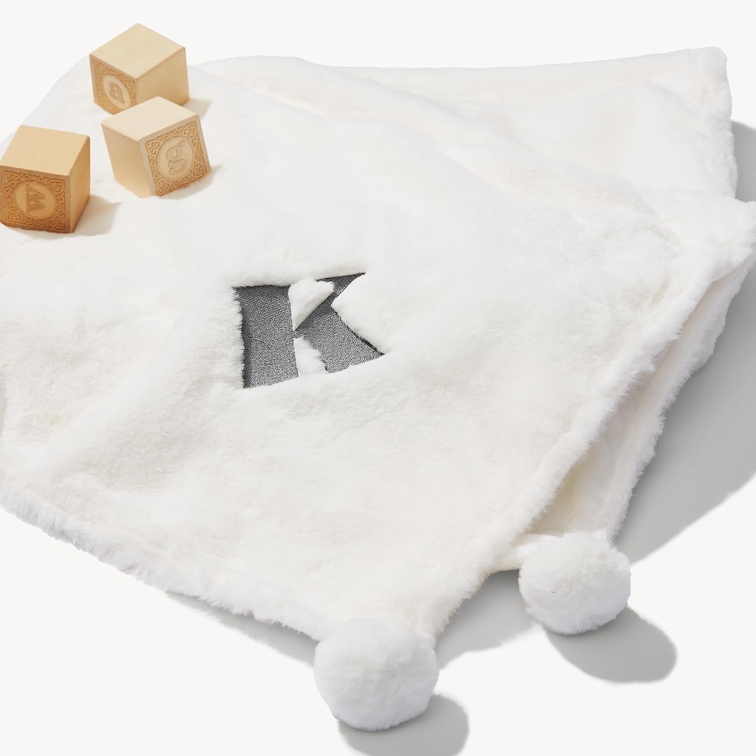 Personalization Universe Initial Embroidered Plush Bear Blanket – Soft Fleece Baby Blanket with Pom Pom Tail – 30” x 40” – Cotton/Poly Blend – Machine Washable – Gift-Ready