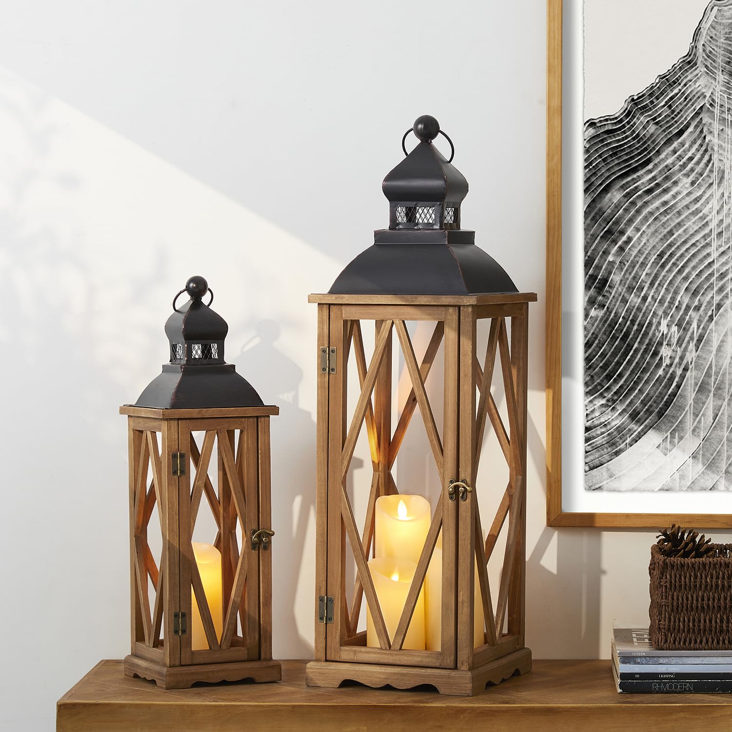 Glitzhome 2 sztuki rustykalnych diamentowych drewnianych / metalowych lampionów świecowych, vintage, wisząca, antyczna latarnia na patio, blat, czarne (bez szkła)