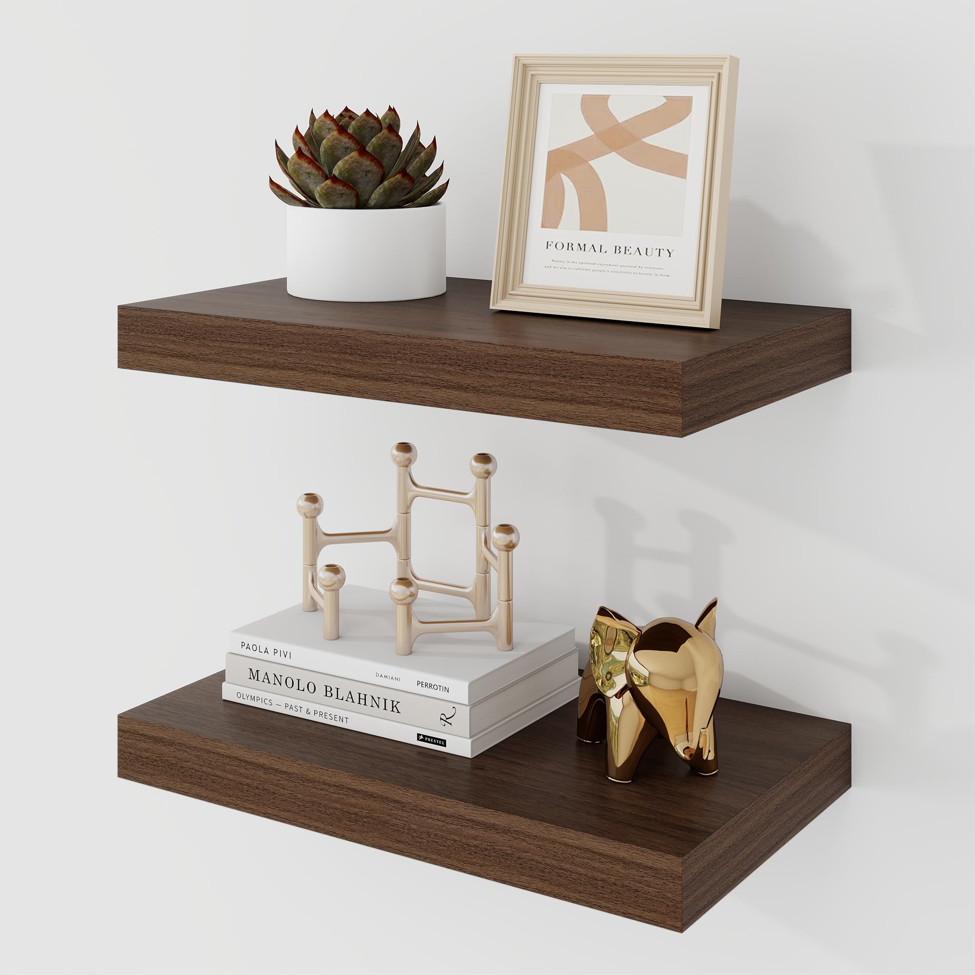 Acovy 40cm Floating Shelves, 23.5cm Deep Floating Shelf Wall Mounted, 40cm Wall Shelves, Rustic Deep Bookshelf, Large Display Shelves & Storage Shelves for Bedroom, Living Room, Walnut, Set of 2 — image 1