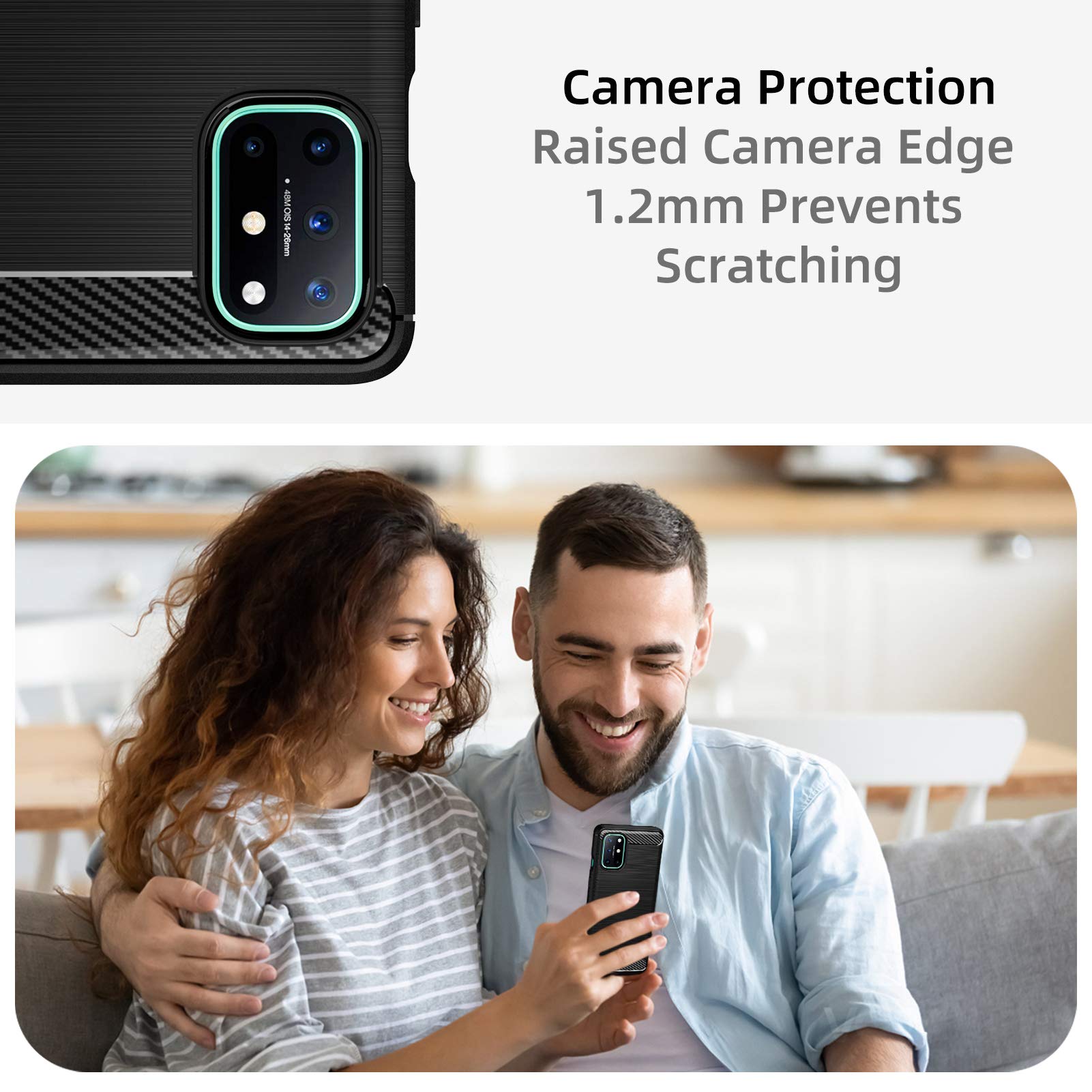 TesRank Cover Per OnePlus 8T + 2 Pellicole Vetro Temperato – Custodia In TPU Morbida Con Fibra Di Carbonio, Antiscivolo E Antiurto (Nero) - 4