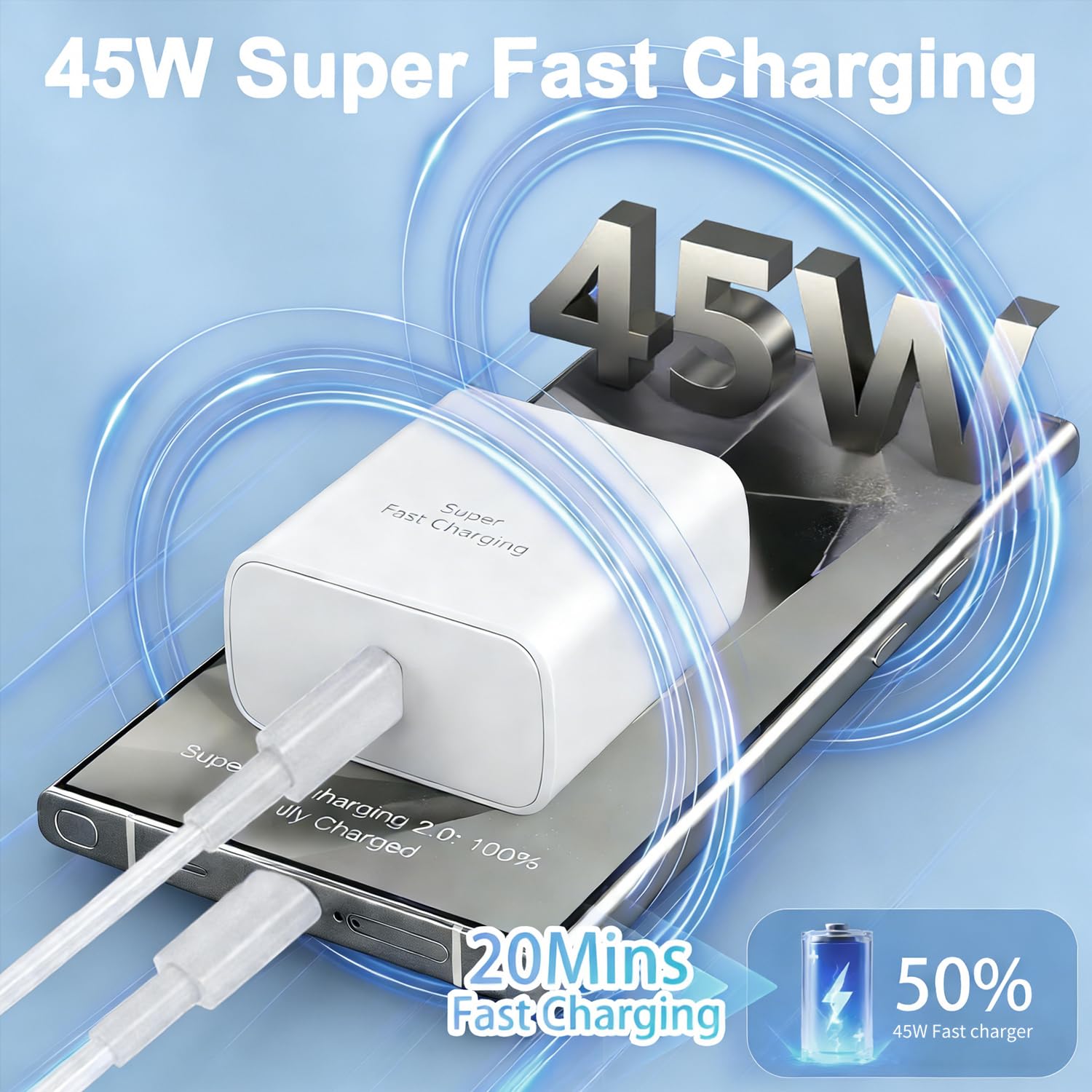 Caricabatterie super veloce di tipo C per Samsung, confezione da 2 pezzi da 45 W USB C Android Phone Charger Block con cavo di ricarica rapida di tipo C da 1,8 m per Samsung Galaxy S26 Ultra/26+/S25