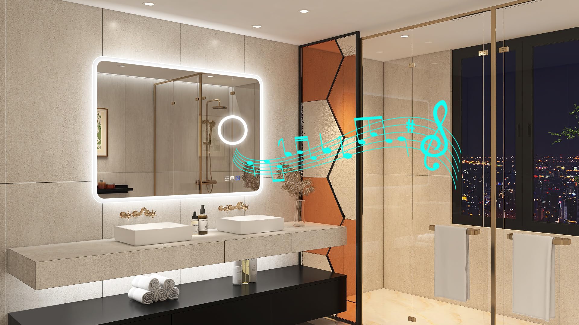 STARLEAD Specchio-Bagno-con-Luce 100x70cm, Specchiera-Bagno-LED con Bluetooth e Lente D'ingrandimento 5x, Antifog, Dimmerabile, 3 Colori Luce, Memoria, Vetro Temperato HD, IP44, Orizzontale/Verticale