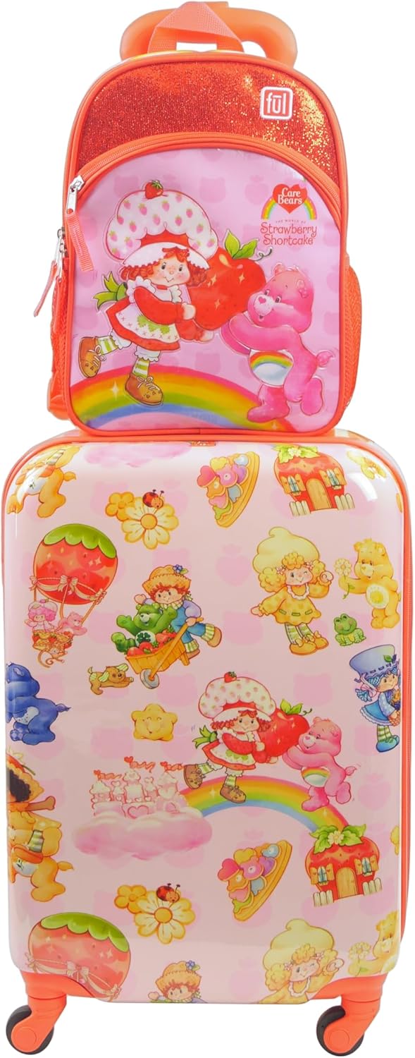 FUL Strawberry Shortcake and Care Bears 2-Piece Travel Luggage Set, 22 Inch Hardshell Carry On Suitcase with Spinner Wheels and 13 Inch Book Bag, Multi